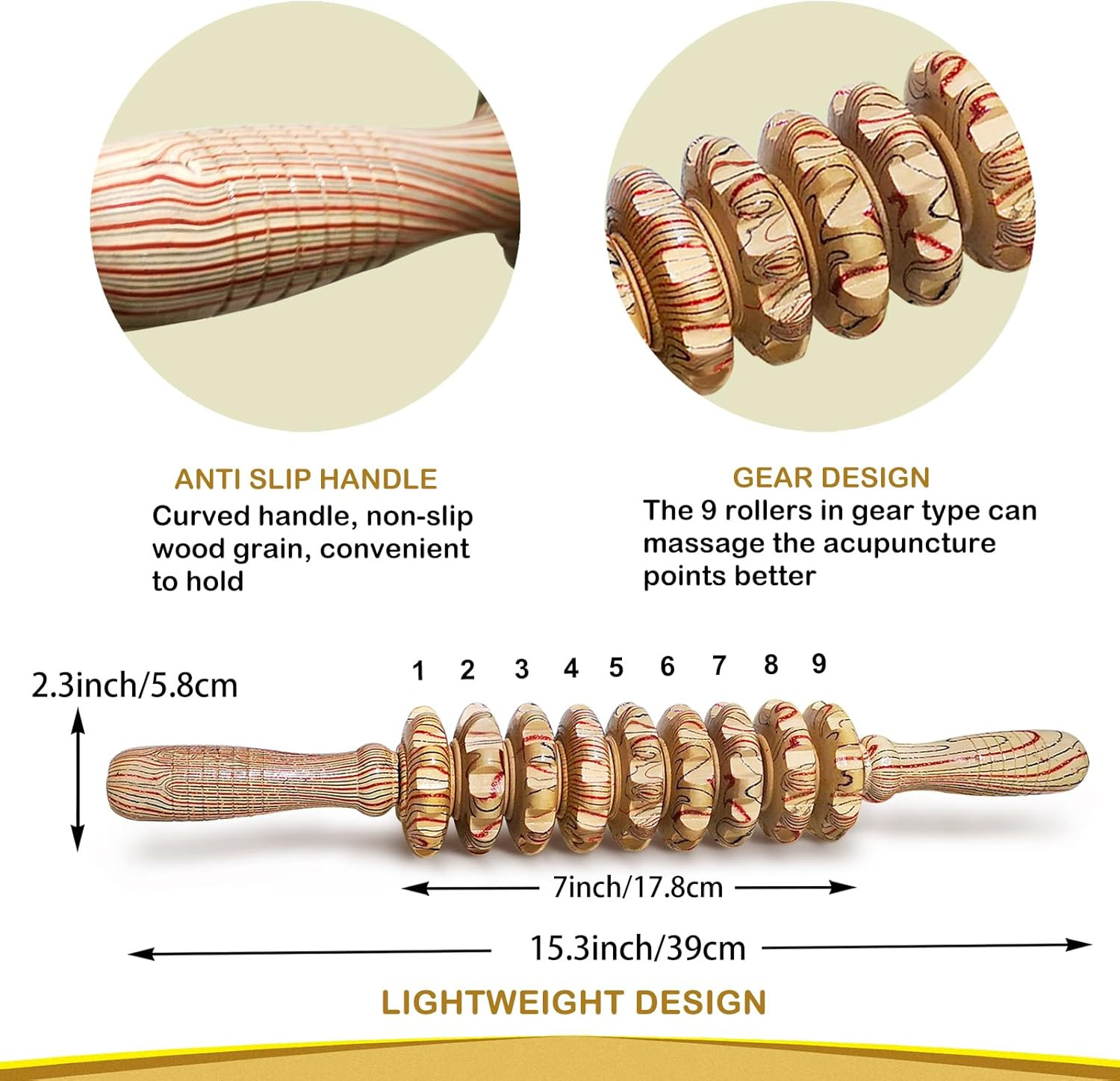 Wooden Massager Handheld Roller Trigger Point Massager Stick for Fascia, Celluli