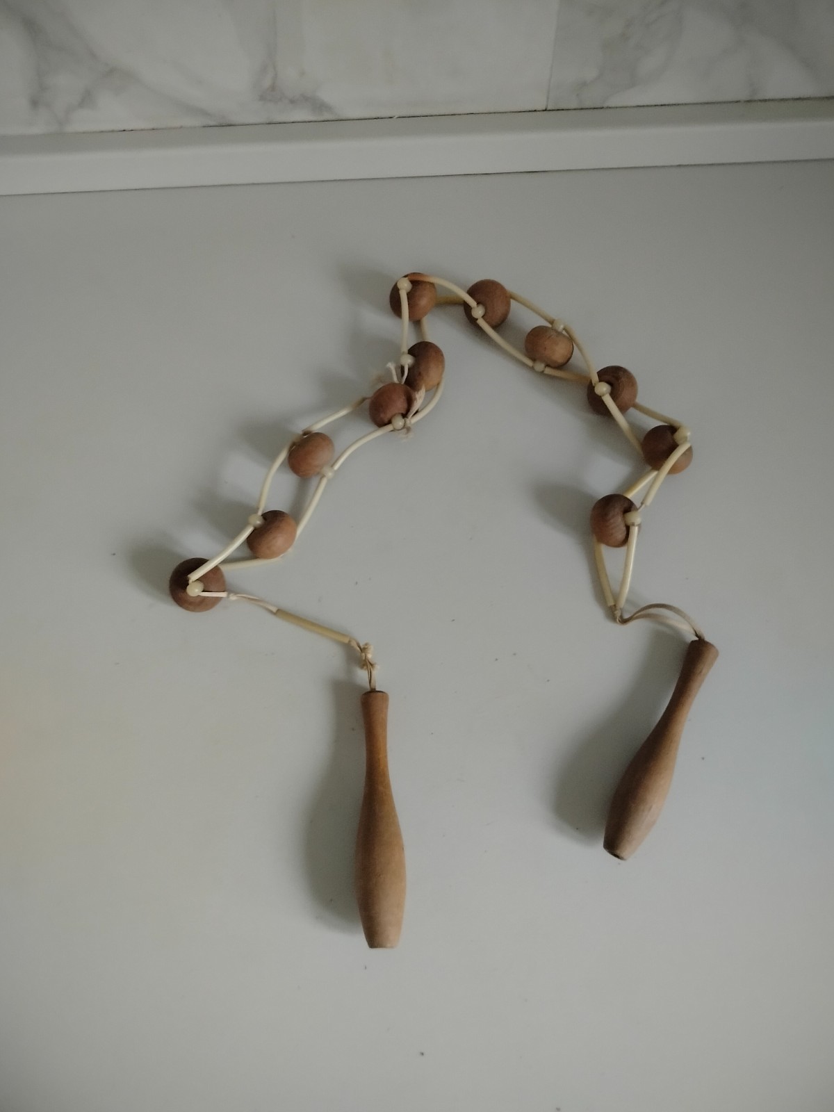 Vintage two handle wooden roller ball body massager belt 40 inch soviet 1970s