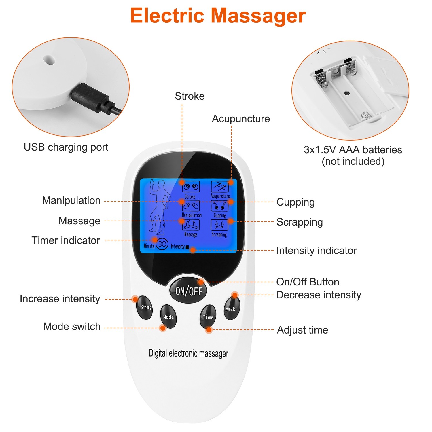 Tens Massager Electric Muscle Stimulator Dual Channels With 8 Electrode Pads