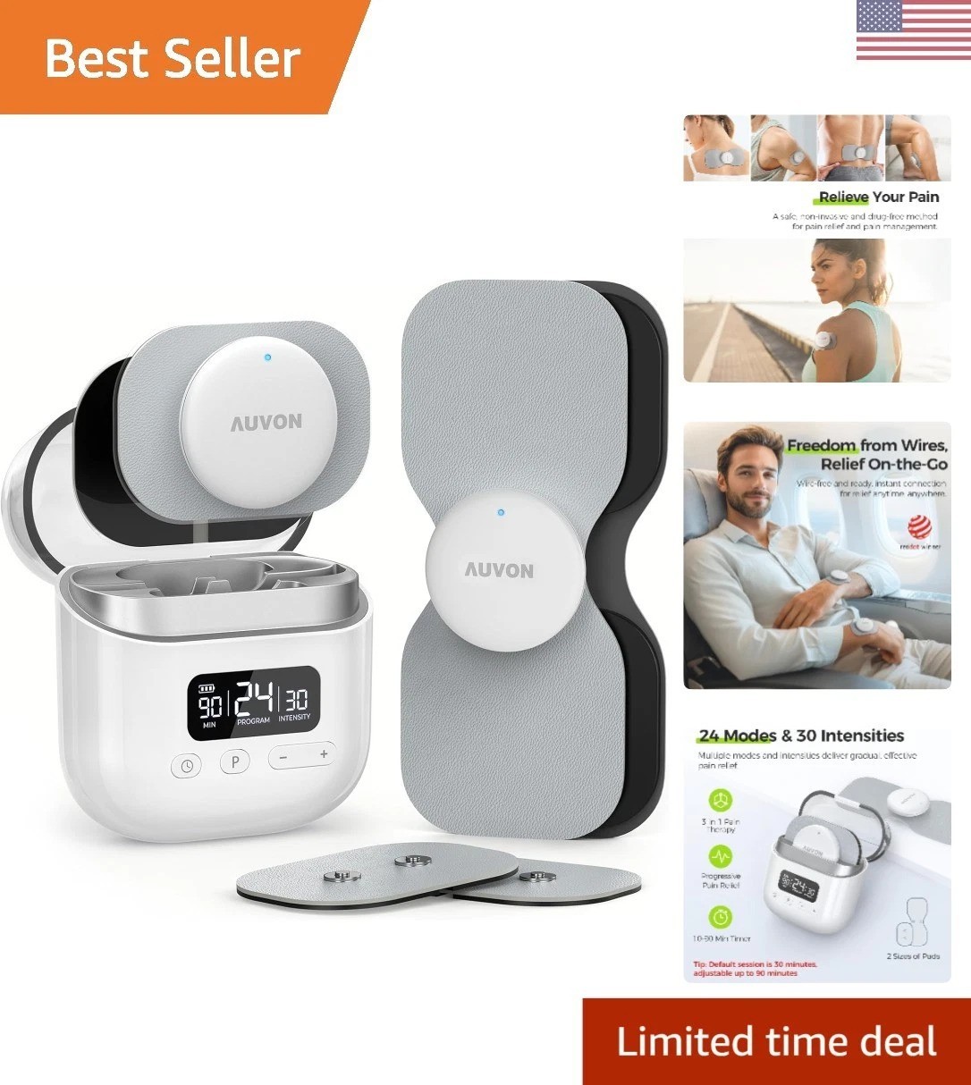 Compact Wireless TENS Device with 24 Modes & Fast Charger for Pain Relief