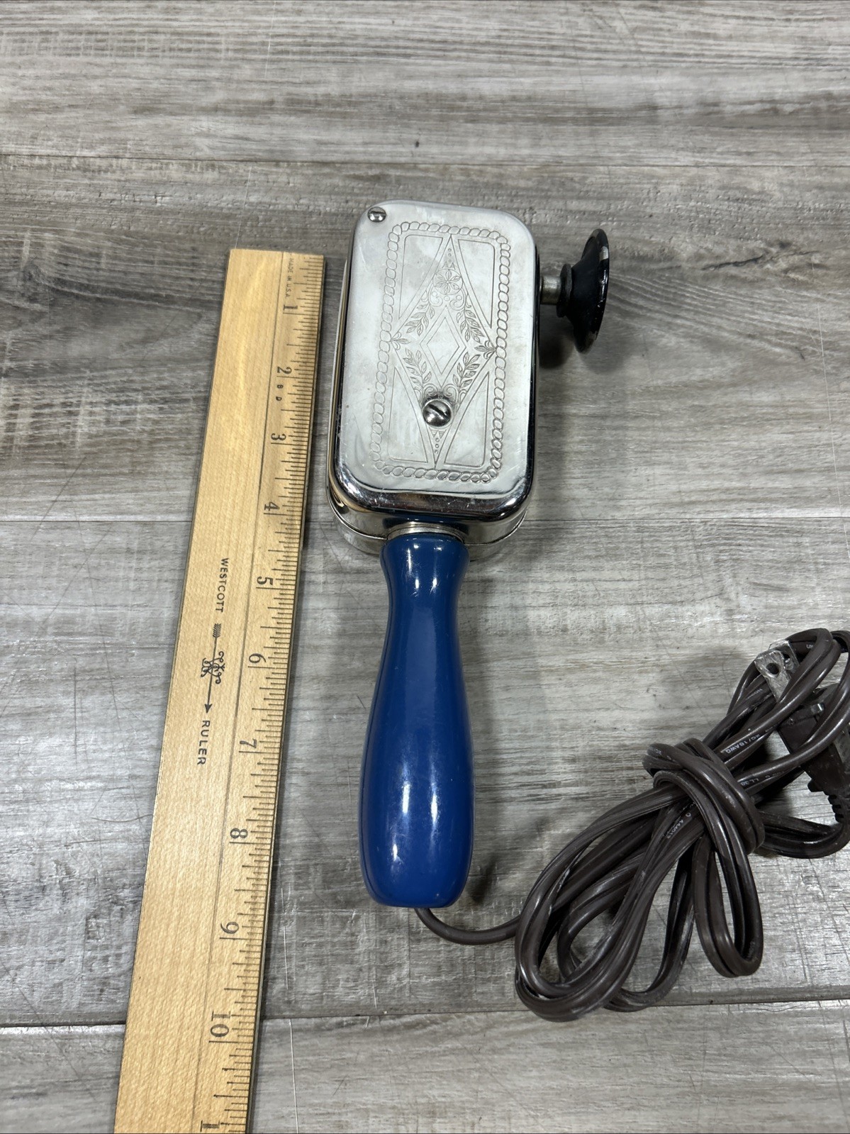Vintage Chrome Box, Engraving, Blue Handle VIBRATION MASSAGER