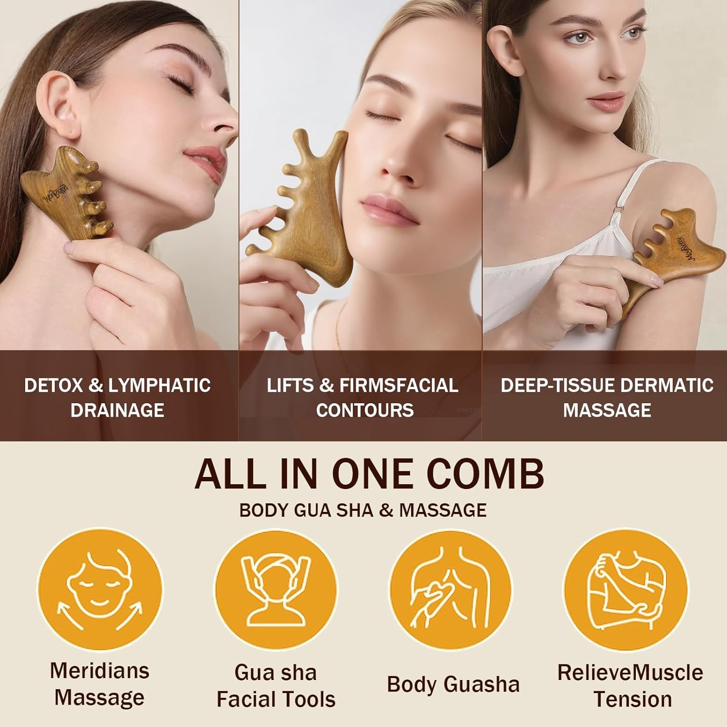 MoyRetty Green Sandalwood Gua Sha Facial Tool(4-in-1),