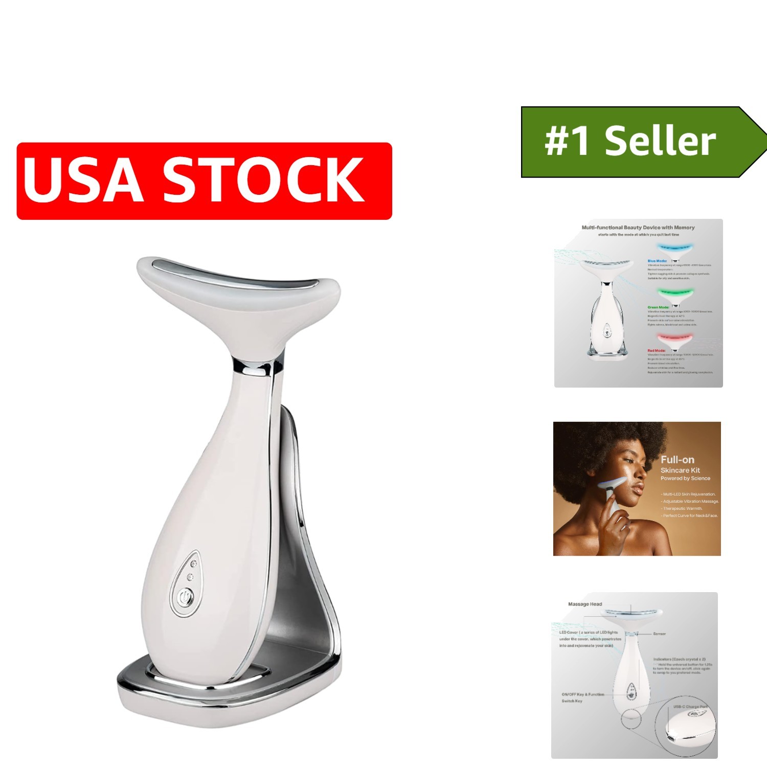 Pearl White Neck Face Massager – Triple Action LED for Anti-Aging & Rejuvenation