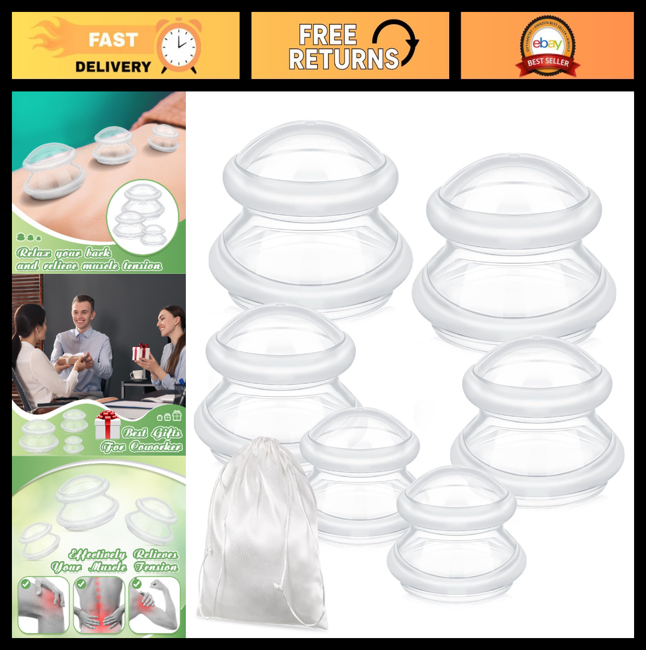 6 Pcs Silicone Cupping Set for Massage Therapy – 3 Sizes, Cellulite Relief, Join