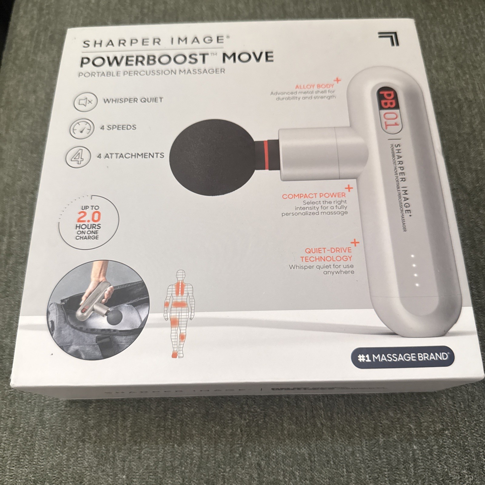 SHARPER IMAGE POWERBOOST MOVE DEEP TISSUE MASSAGE GUN With Attachments