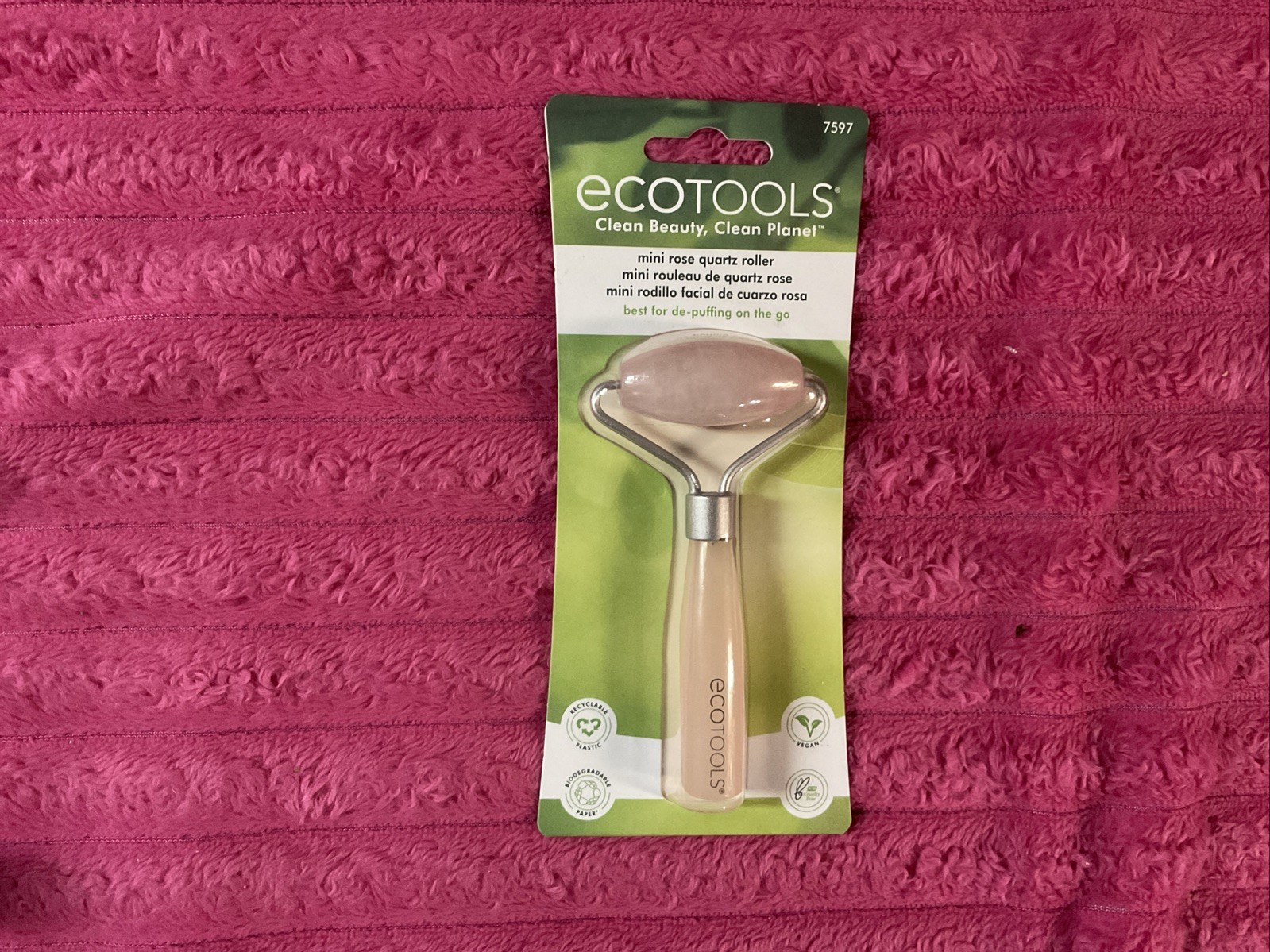 1 Ecotools #7597 Mini Rose Quartz Roller VEGAN, New