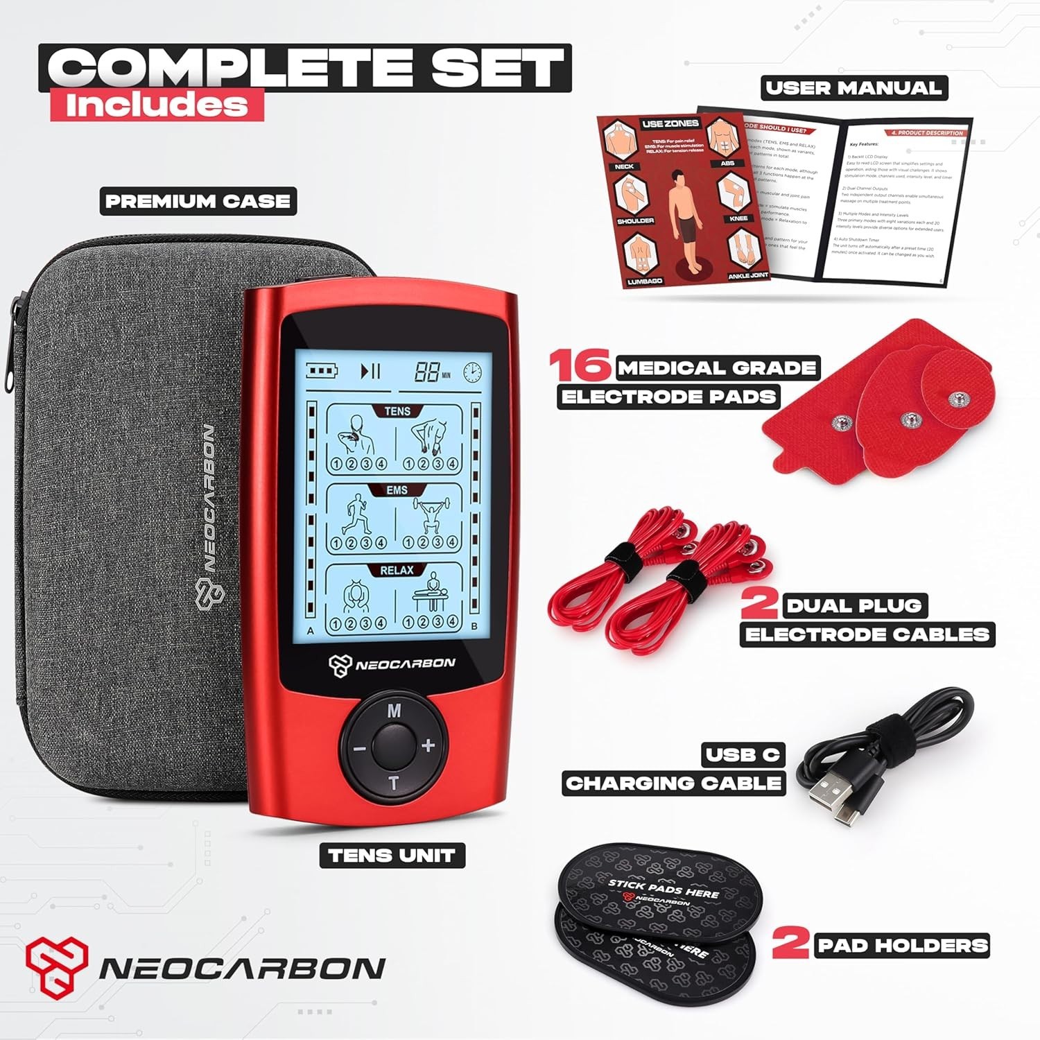 TENS EMS Muscle Stimulator – Electronic Pulse Massager Unit, Red