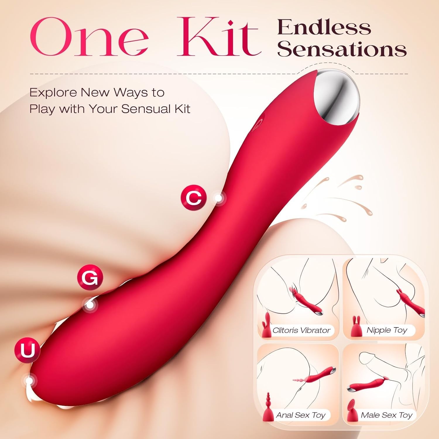 APP Control Rechargeable Personal Massager Kit 4 Heads Waterproof Red Toy