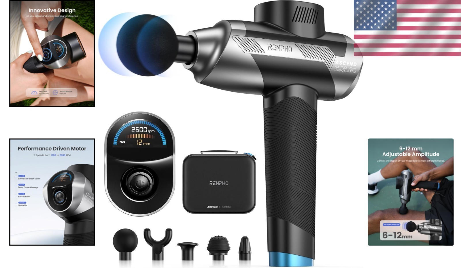 Customized Muscle Therapy: Ascend Massage Gun with LCD Display & 5 Attachments