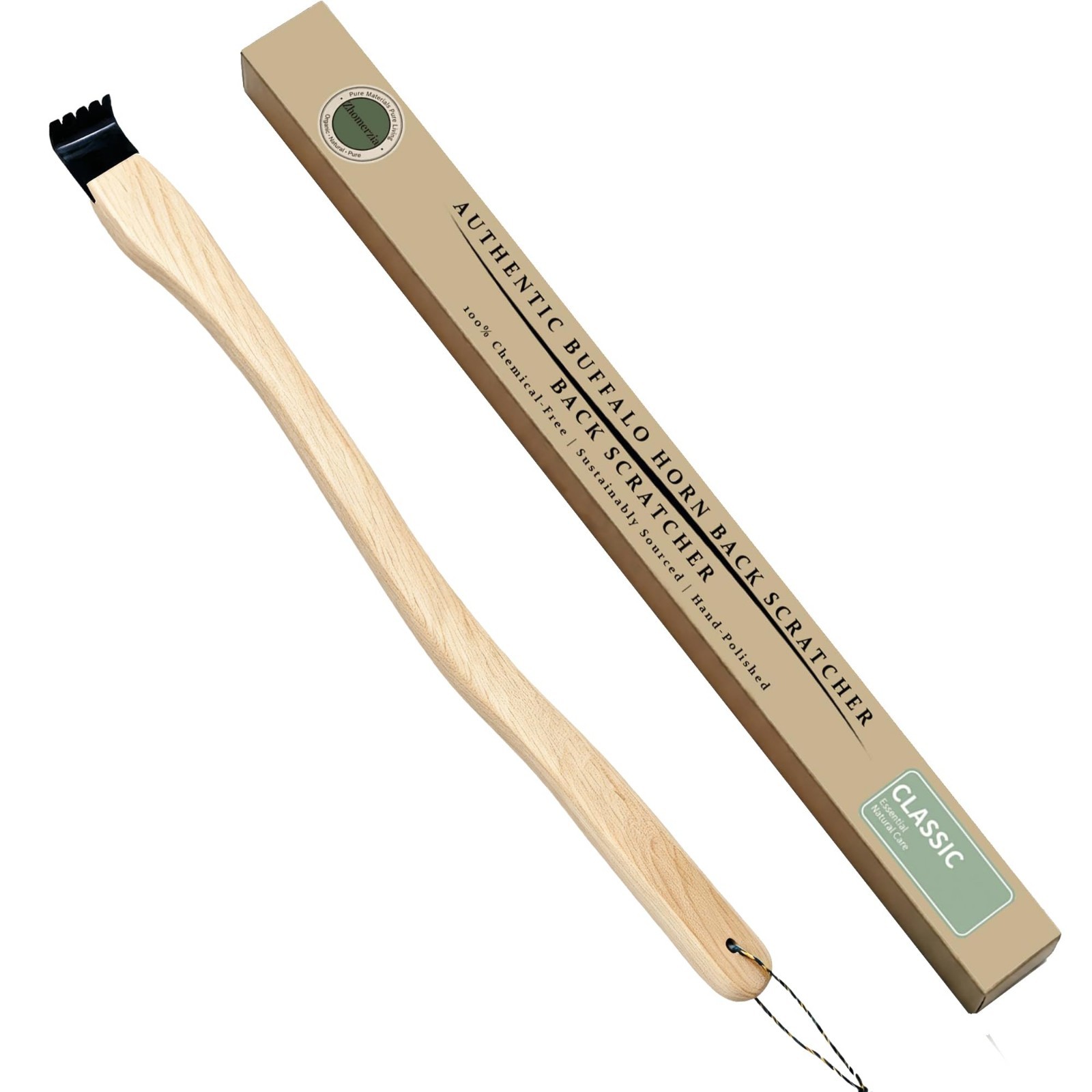 17″ Natural Buffalo Horn Back Scratcher with Curved Beech Wood Handle – Long Rea