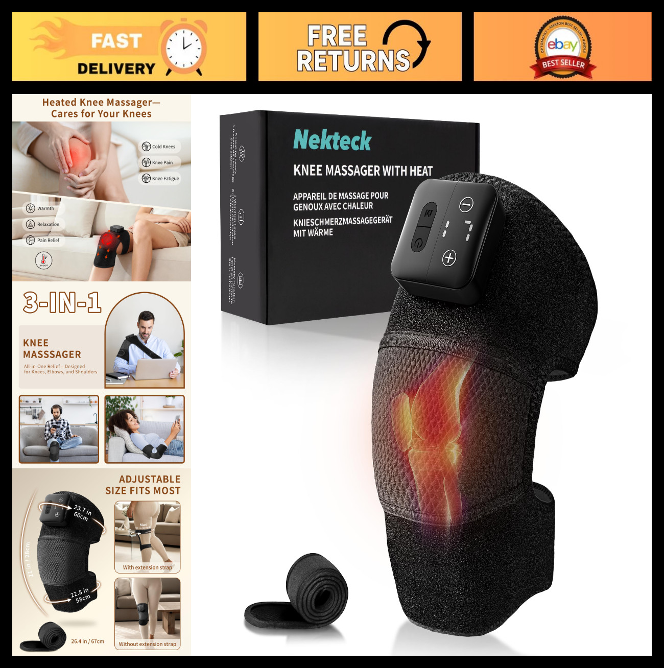 Cordless Heated Knee Massager with Vibration – Rechargeable Pain Relief Pad, 5 H