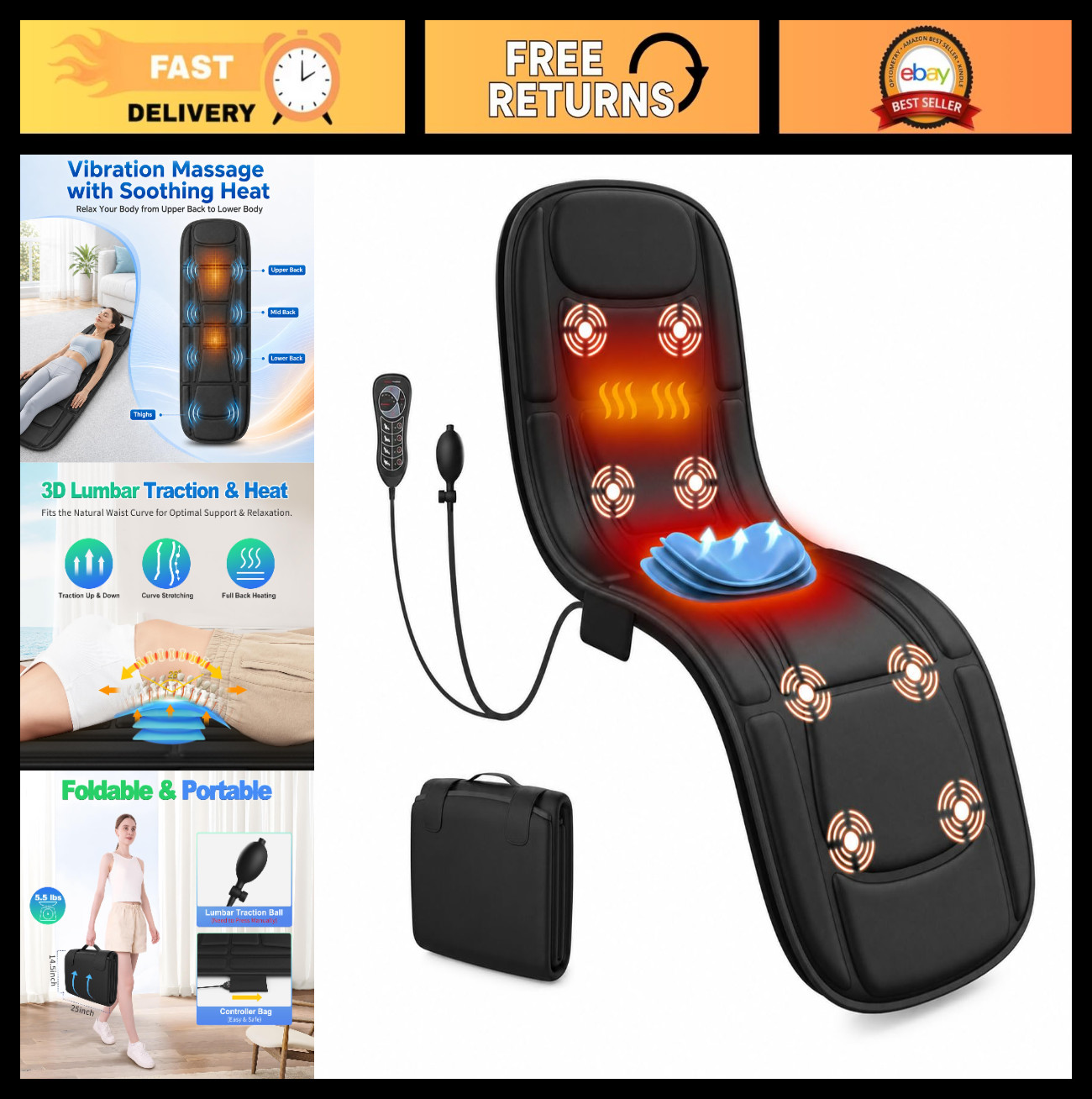 Full Body Massage Mat with Heat & Vibration – Foldable Mattress Pad for Relaxati