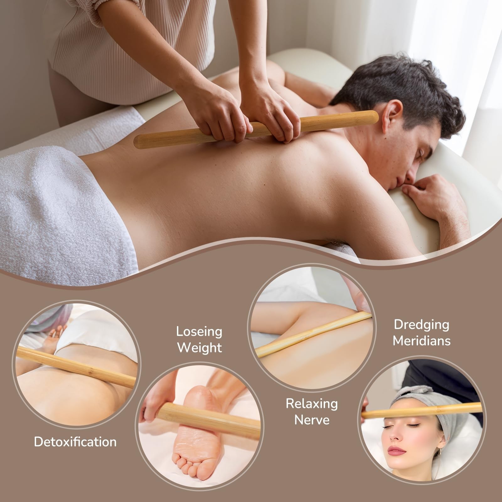 4PCS Solid Bamboo Massage Sticks & Guasha Set with Roller/Stick – 100% Bamboo Th
