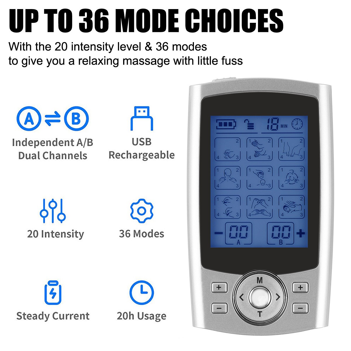 36 Preset Massage Modes 20 Adjustable Intensity Levels LTENS Muscle Stimulator