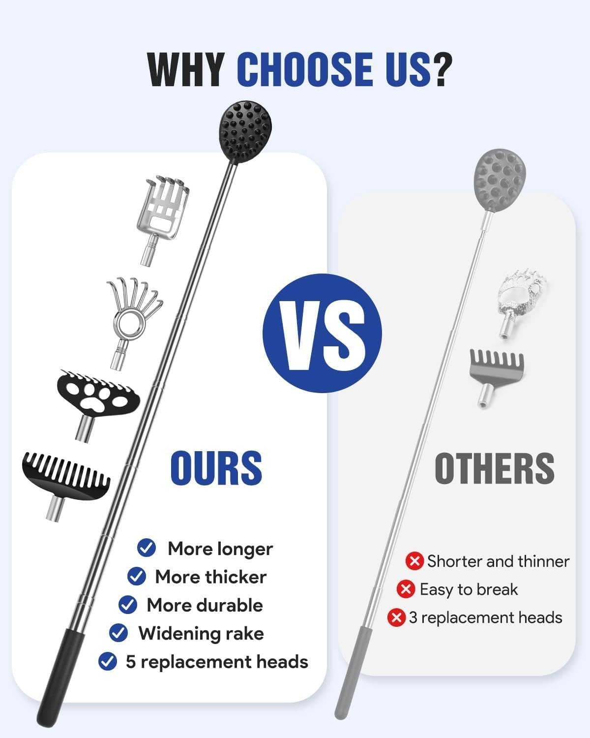 Telescoping Large Back Scratcher with 5 Detachable Heads,Rubber Handles Gifts fo