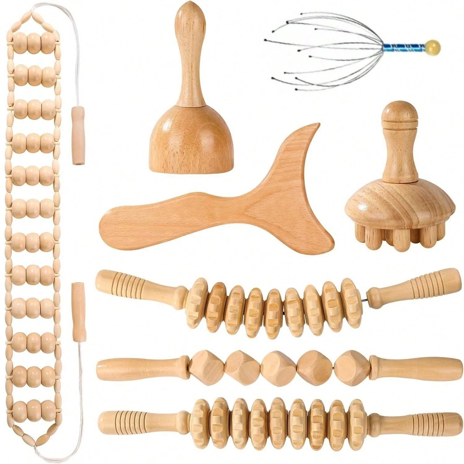 8pc Wooden Body Massage Tool Set Rollers Gua Sha Rope for Muscle Relaxation