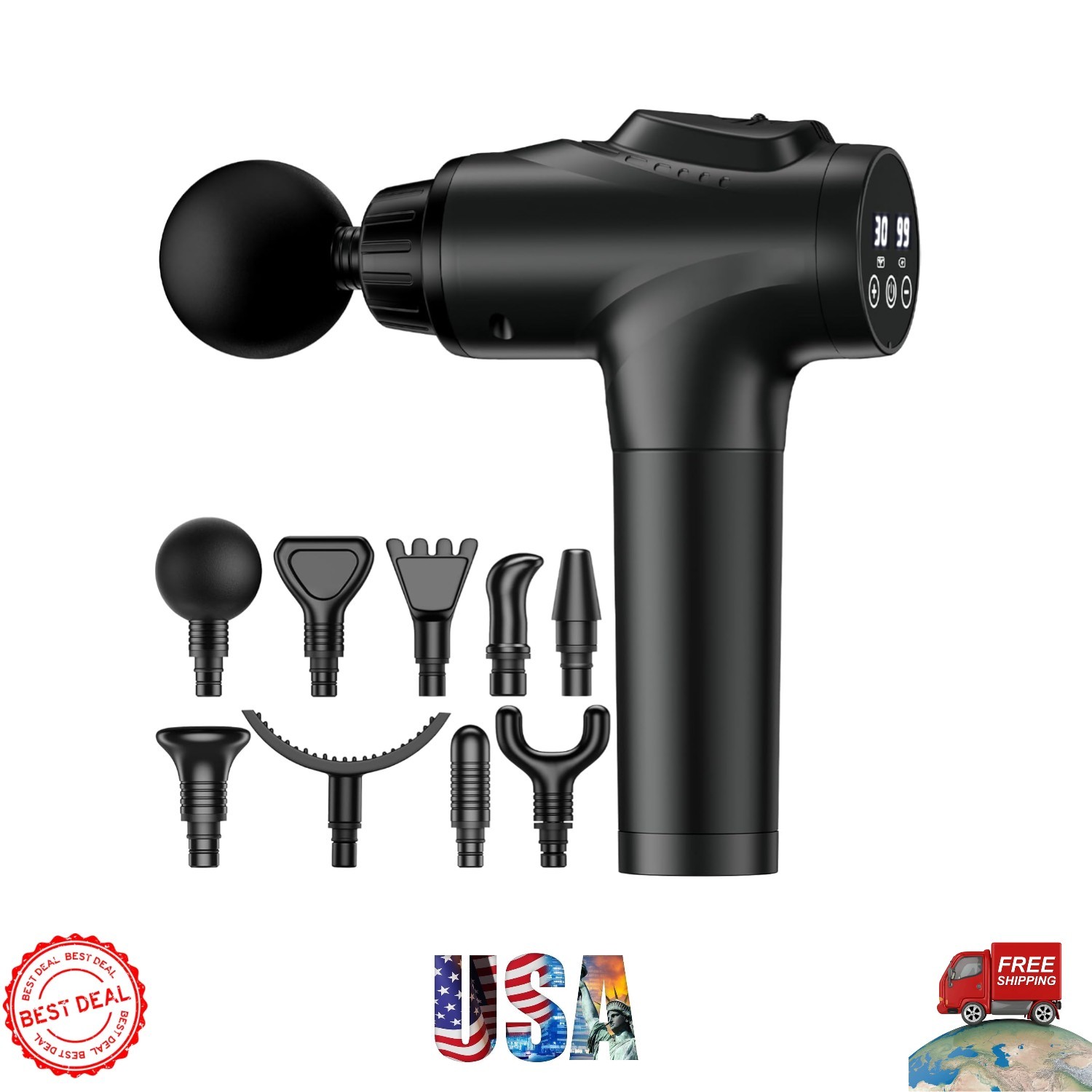 Portable Deep Tissue Massage Gun with 30 Speed Levels & 9 Heads for Pain Relief