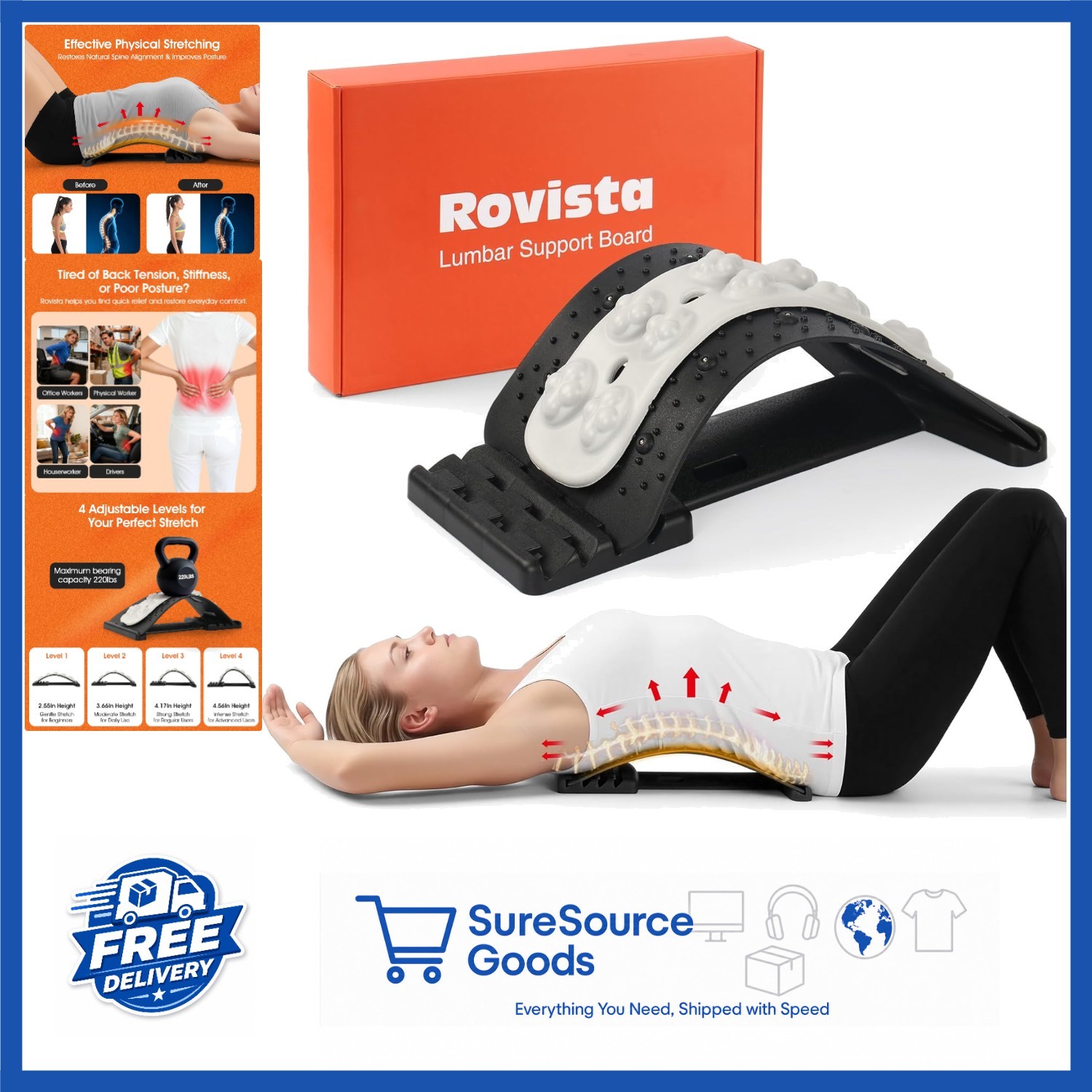 Black Back Stretcher with Soft EVA Strip for Lower Back Pain Relief and Support