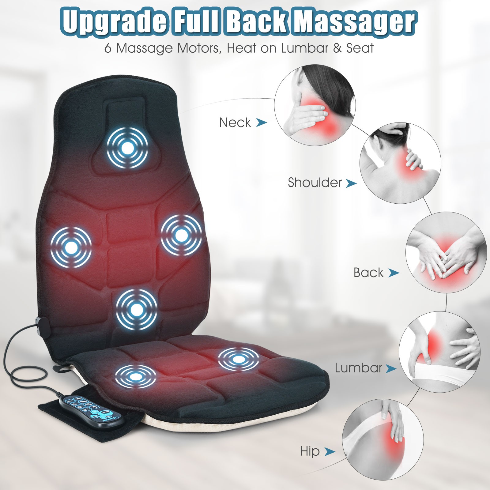 Costway Massage Seat Cushion Back Massager w/ Heat & 6 Vibration Motors for Home