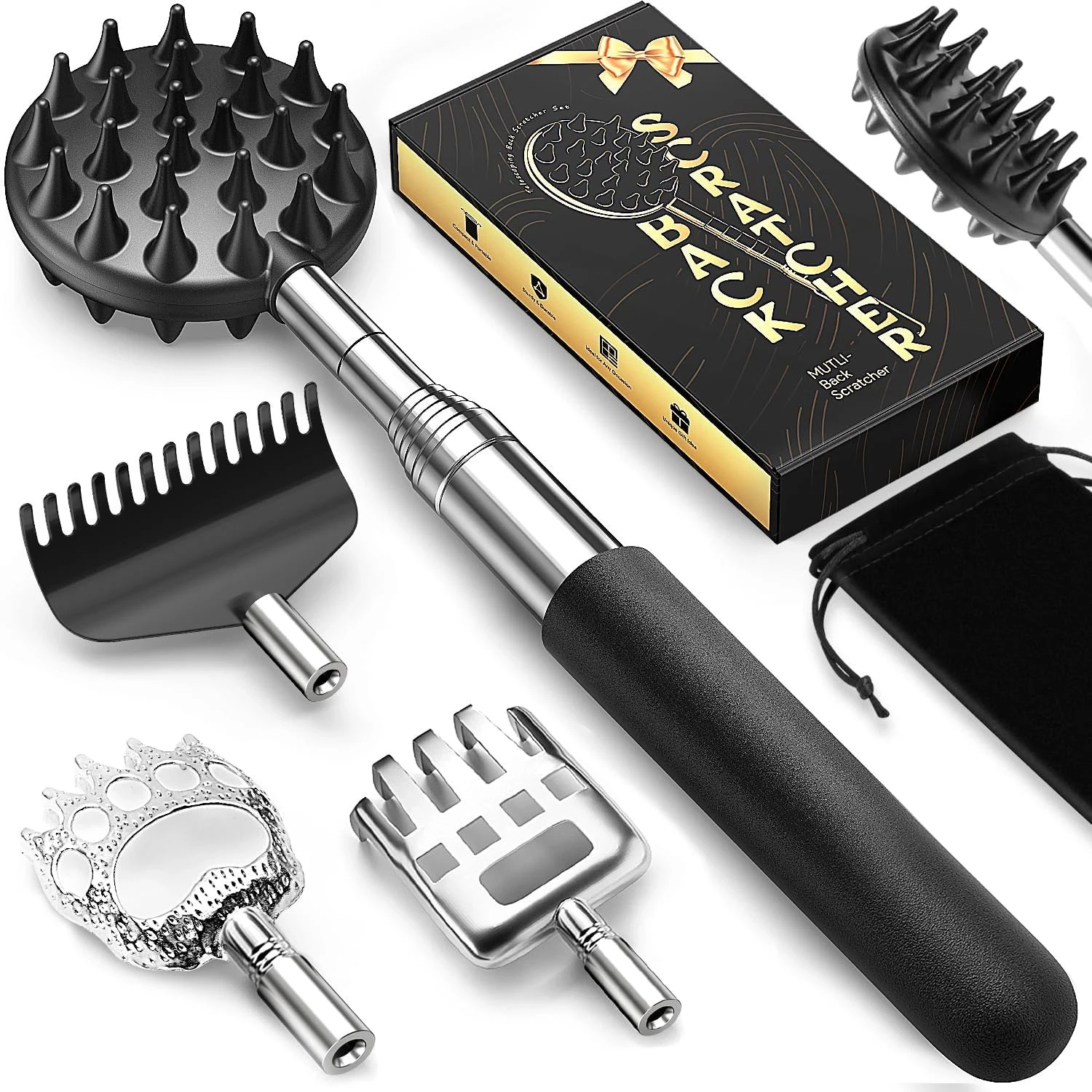 Telescoping Back Scratcher with 5 Detachable Scratching Heads, Valentines Day Gi