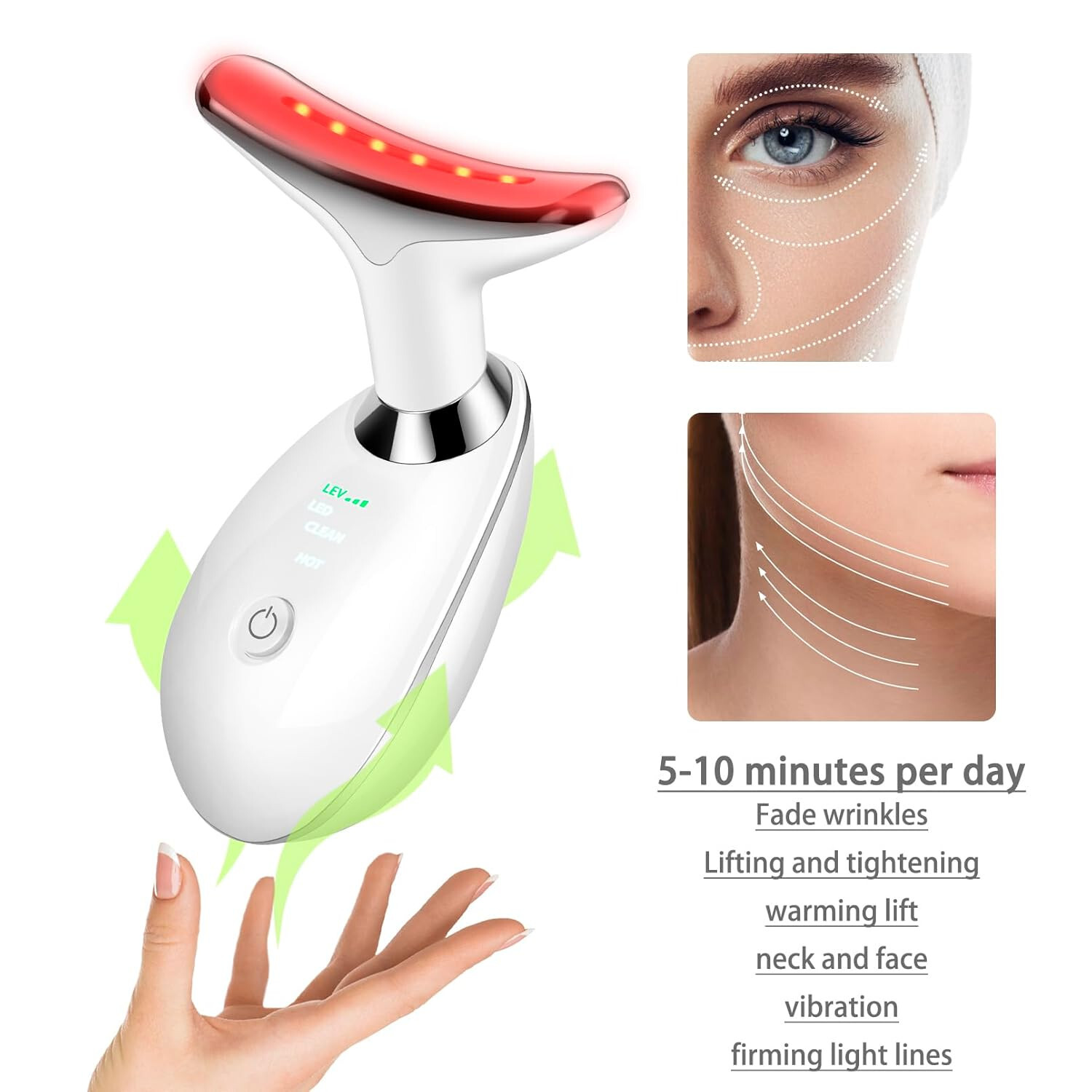 White 7 Modes LED Face Neck Massager Multifunction Facial Skin Care Tool