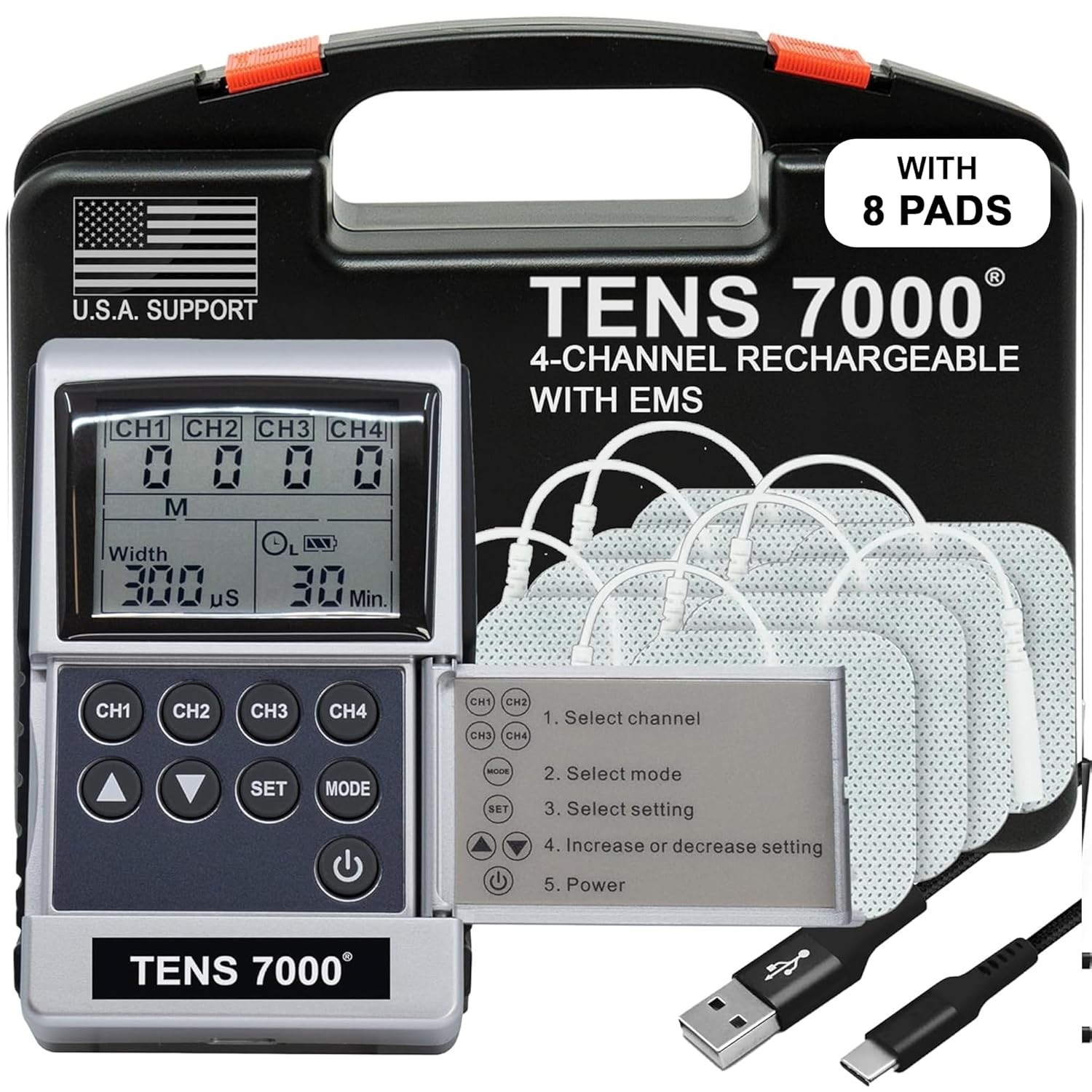 TENS 7000 Pro Rechargeable Tens Unit Muscle Stimulator, 4 Channels, Back Pain Re