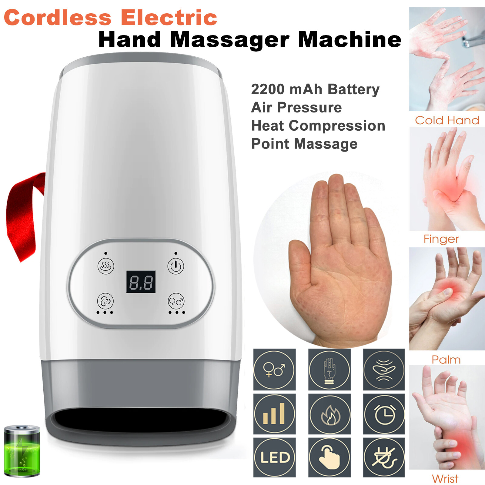 Electric Hand Palm Finger Massager Acupressure Air Pressure Heat Compression