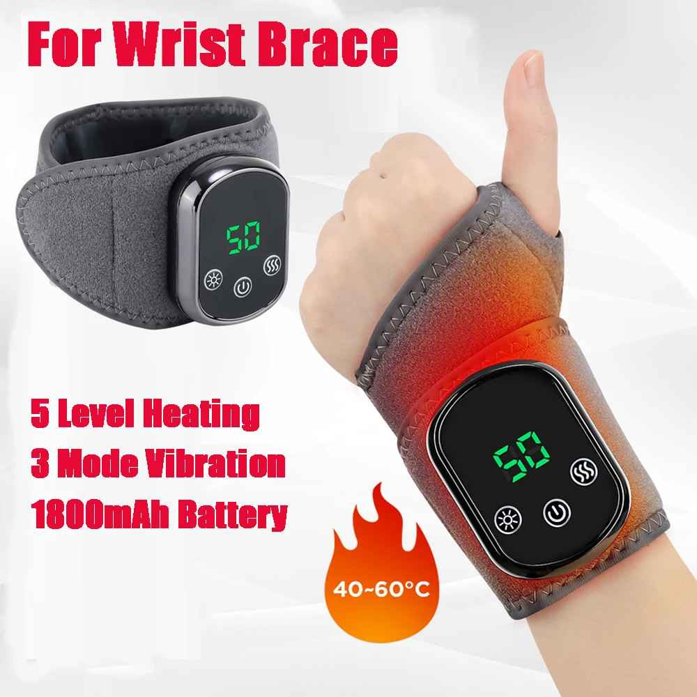 USB Rechargeable Heated Wrist Massager with Vibration Hand Brace for Pain Relief