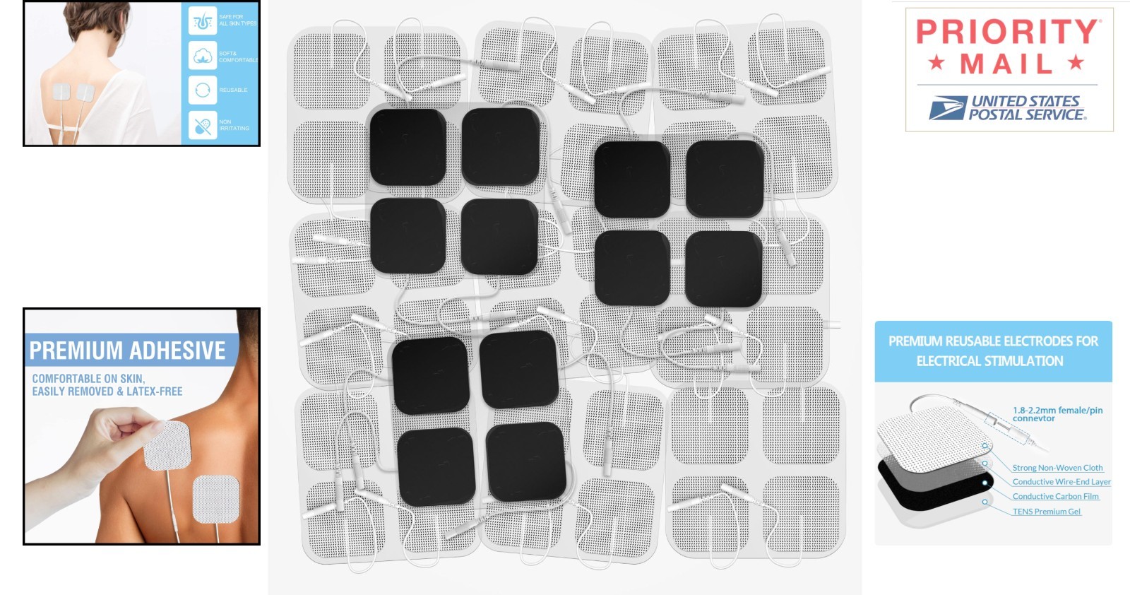 TENS Unit Replacement Pads 48 Pcs 5cm x 5cm Electrode Patches for Electrotherapy