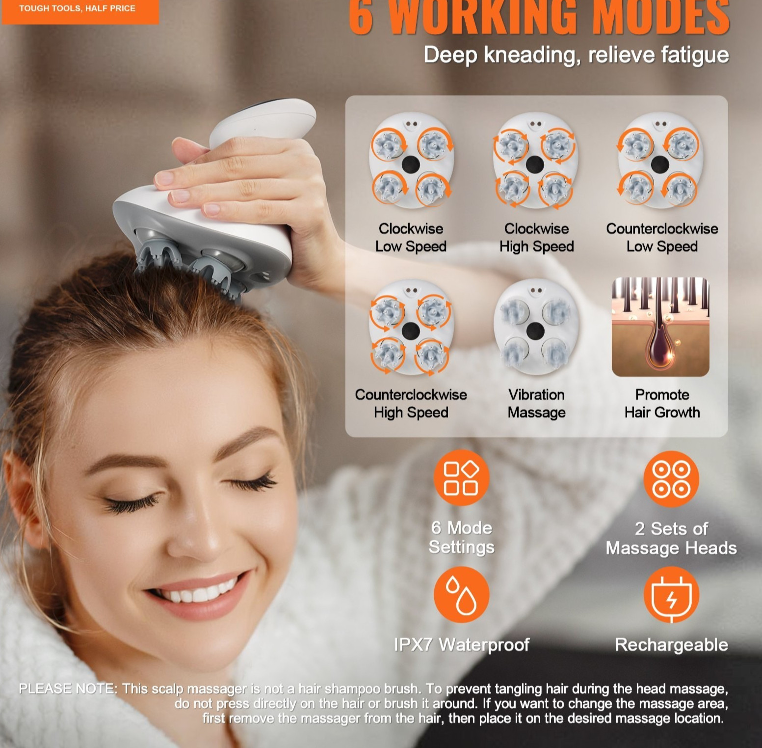 Electric Scalp Massager Waterproof Rechargeable Head Massager 6 Modes Portable