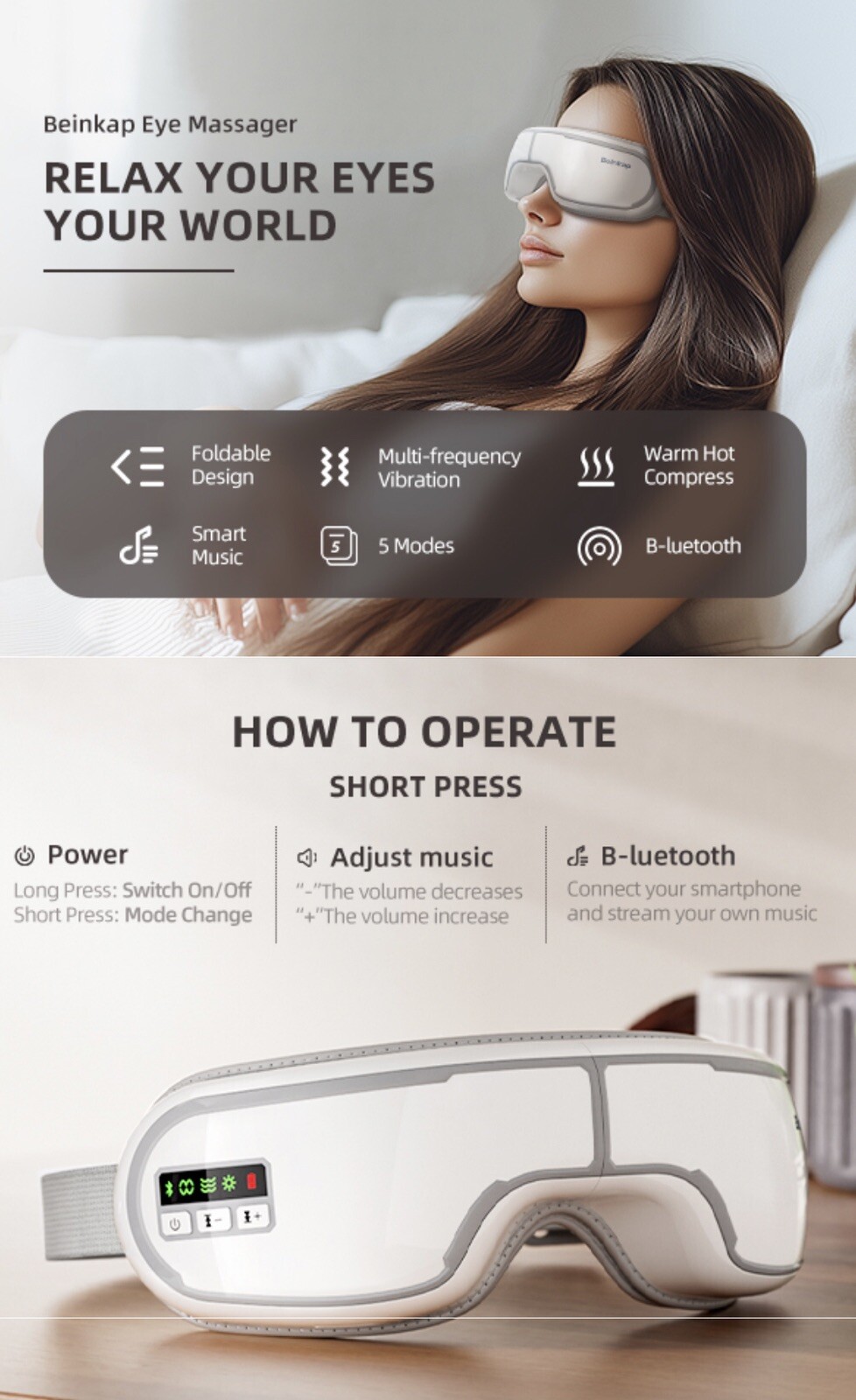 Eye Massager wHeat Vibration Compress Migraine White Improves Sleep Beinkap New