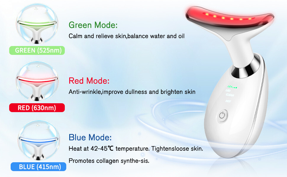 White 7 Modes LED Face Neck Massager Multifunction Facial Skin Care Tool