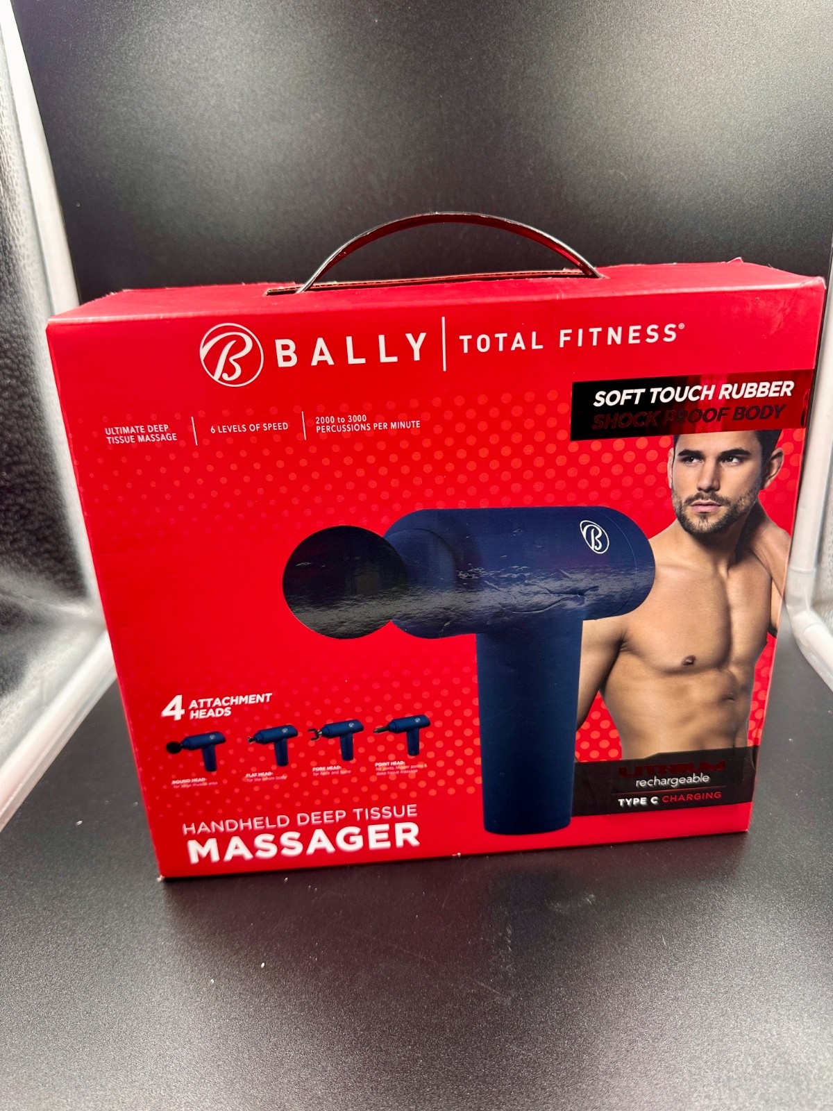 Bally Handheld Deep Tissue Massage Gun, 4 Heads, Rechargeable, Black