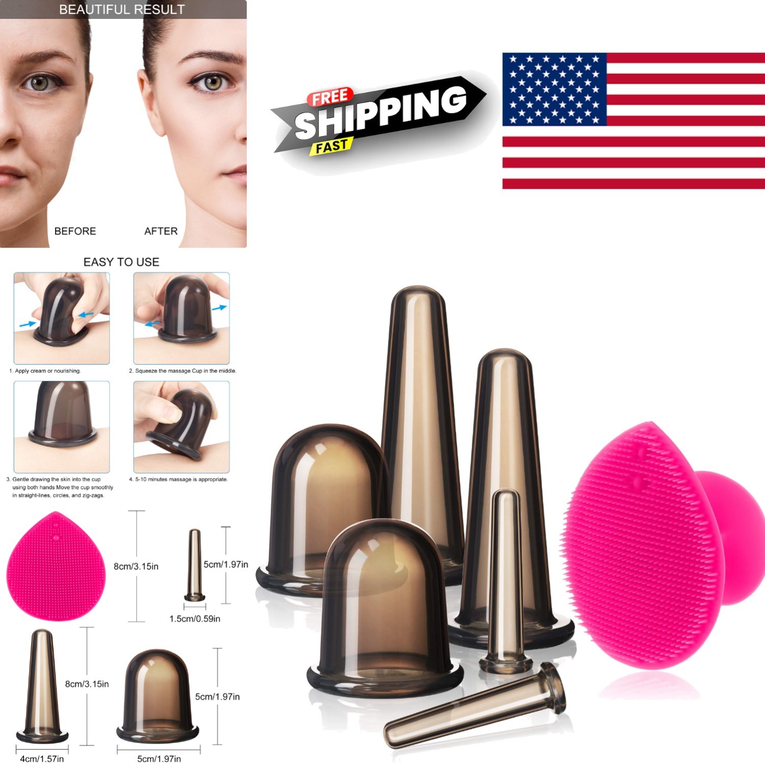 Flexible Silicone Cupping Kit for Face Neck and Body with Exfoliating Brush