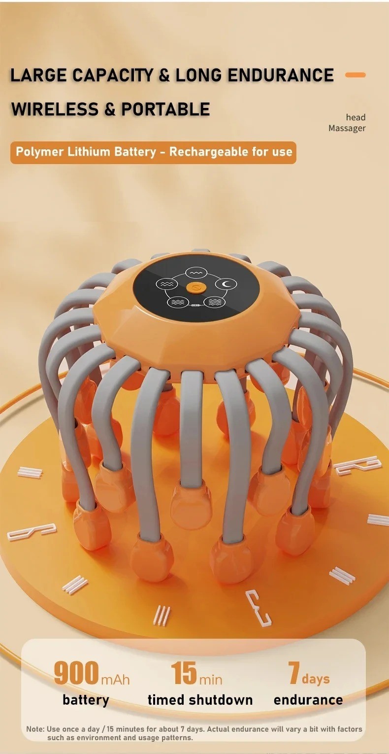 20Massage Heads Orange Scalp Head Massager Red Light Vibrator Octopus Scratcher