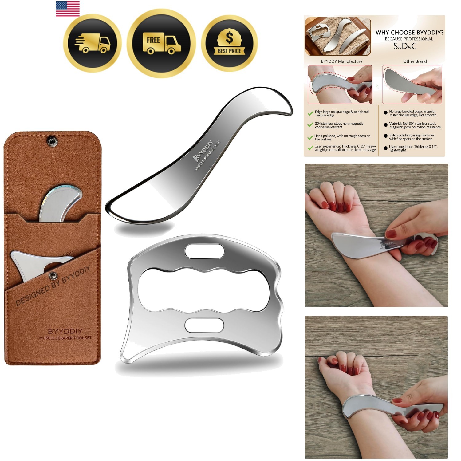 SD 2 in 1 304Stainless Steel GuaSha Muscle Scraper Tools Set,Scar Tissue Tool…