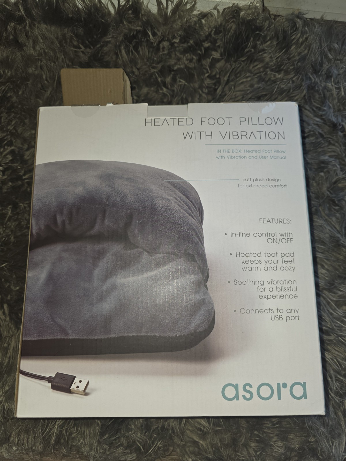 Asora Heated Foot Pillow with Vibration – USB Powered, Soft Plush, New in Box