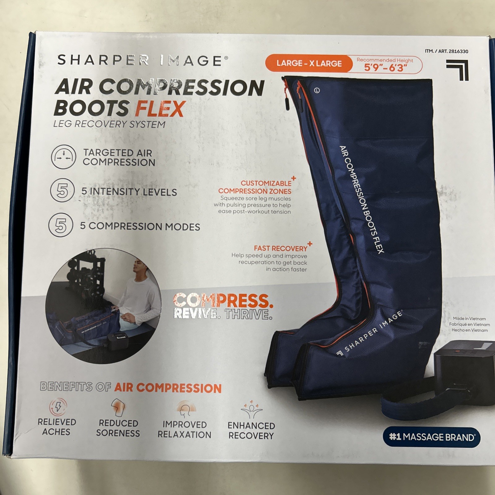 Sharper Image Air Compression Boots Large/XL 5 Intensities, 5 Massages – Blue