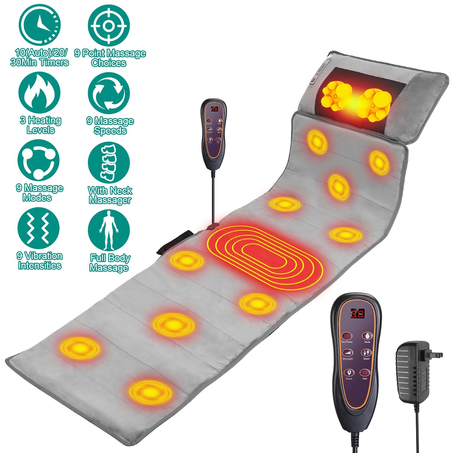 Electric Heated Massage Mat Full Body Back Heat Vibration Massage Pad w/Cushion
