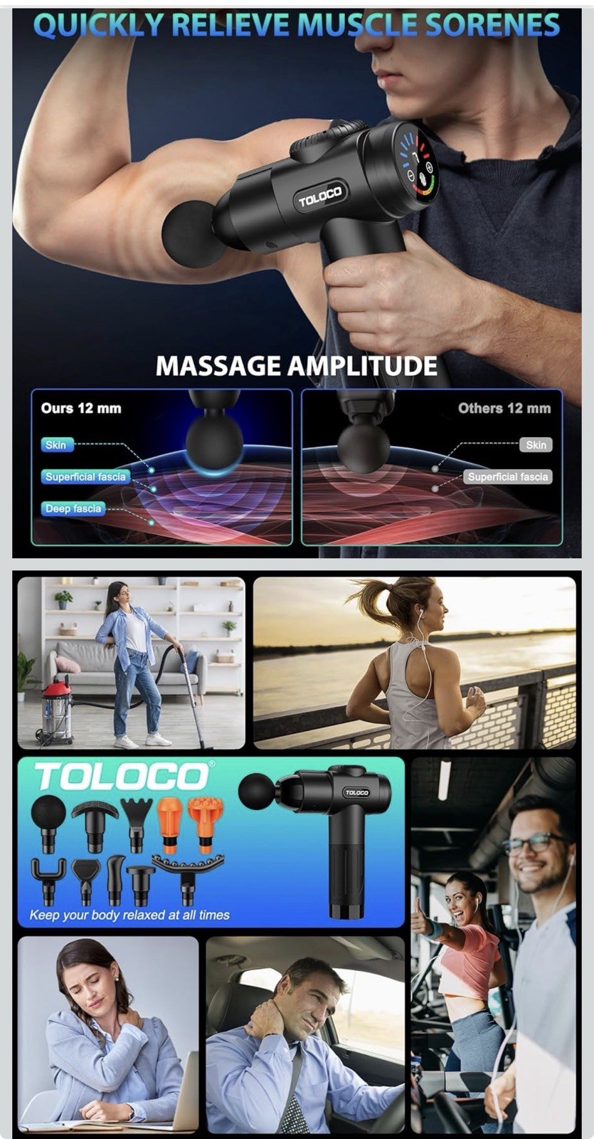 TOLOCO Massage Gun, Deep Tissue Back Massage for Athletes For Pain Relief