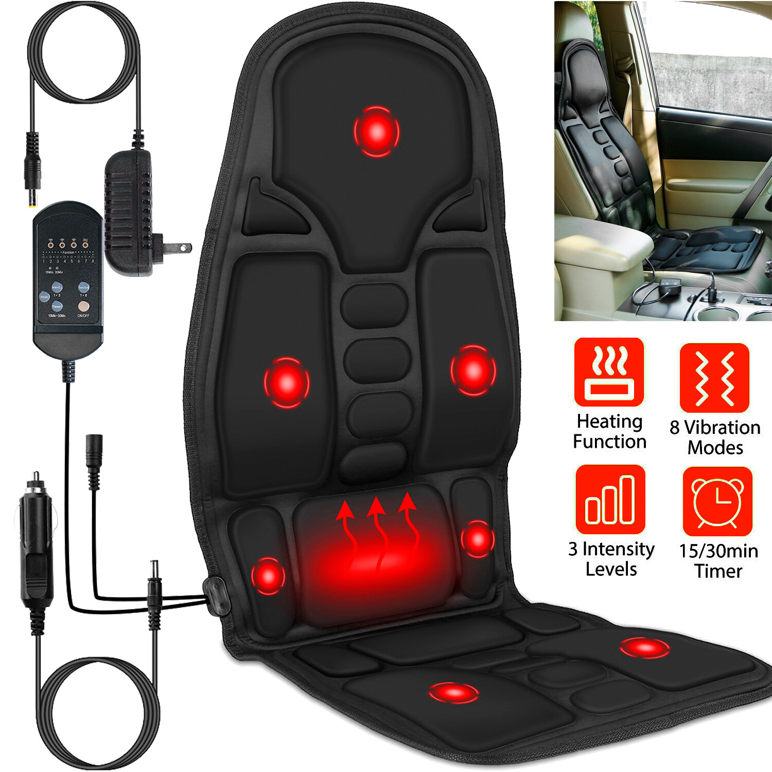 Massage Seat Cushion Heated Mat Back Neck Body Massager Chair Pad For Home & Car