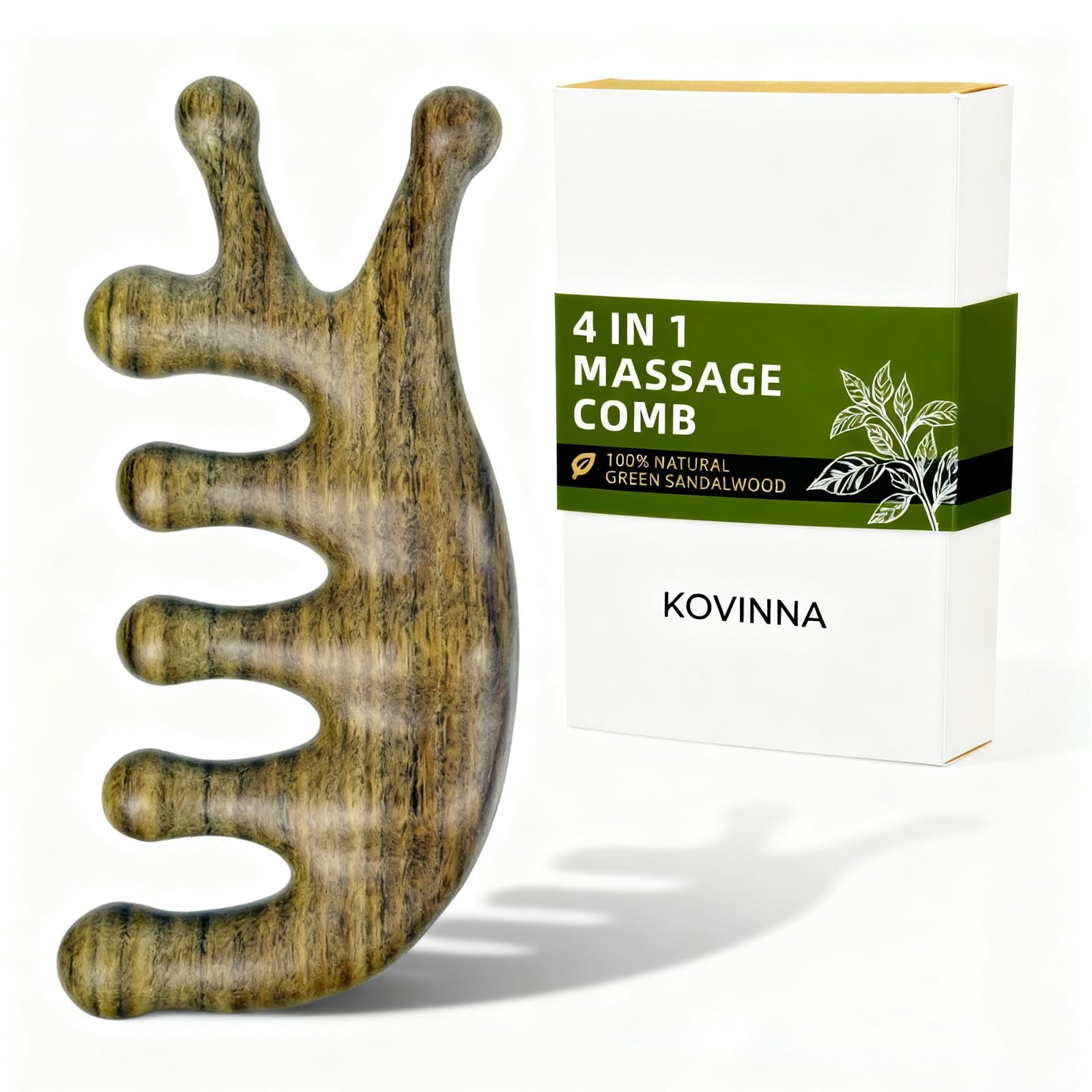 KOVINNA Green Sandalwood 4in1 Massage Comb & Gua Sha Tool for Scalp, Face & B…