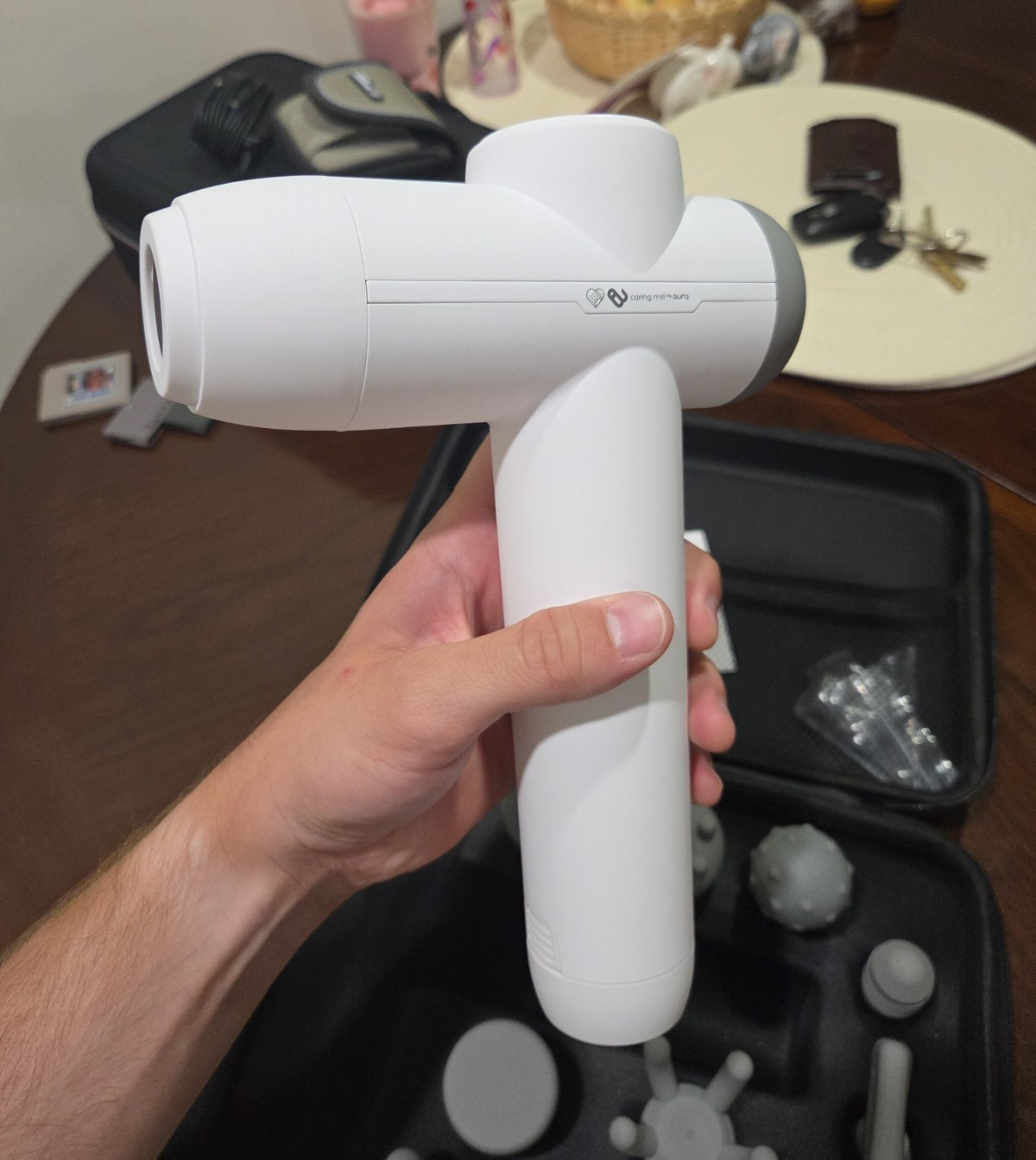 Aura Caring Mill Rechargeable Percussion Massage Gun 6 Heads Case Charger White