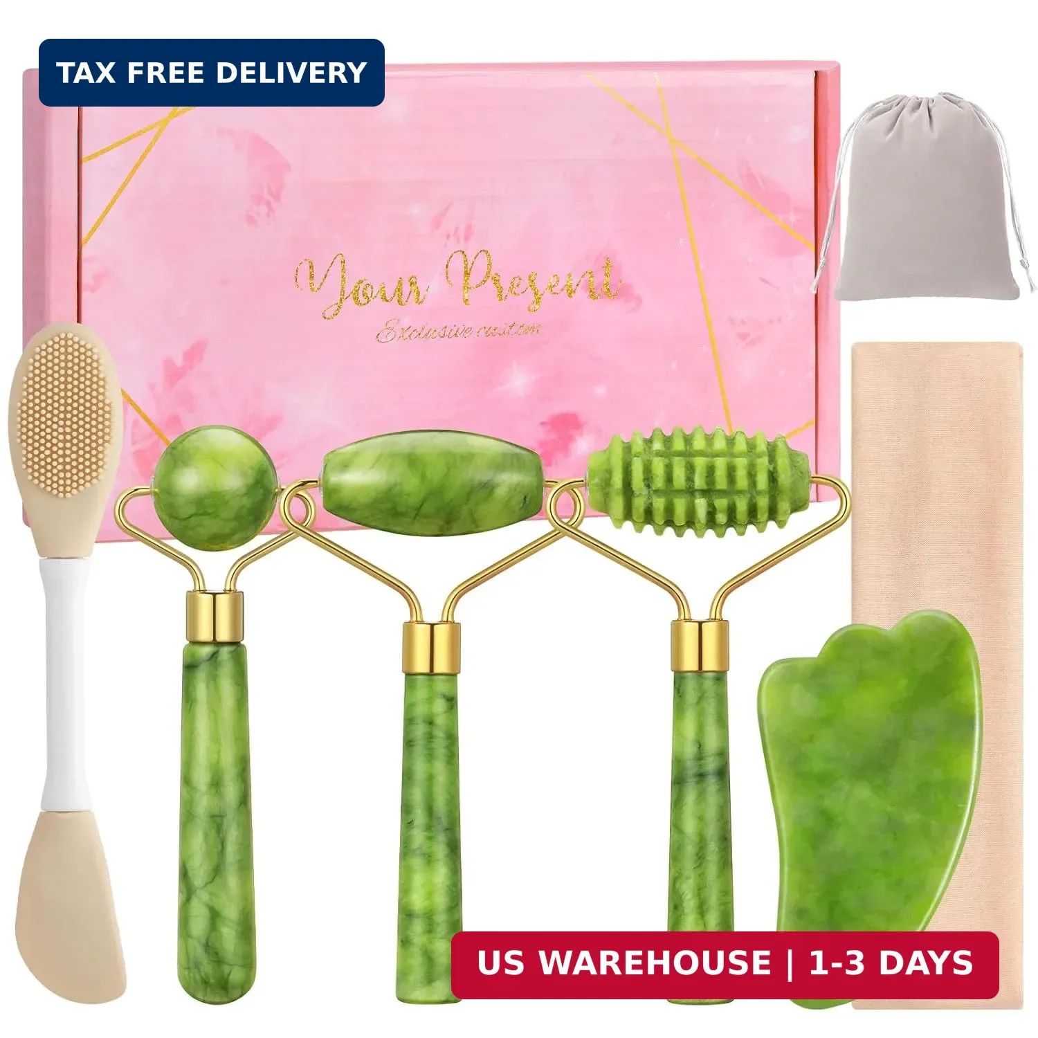 6Pcs Jade Roller for Face,Gua Sha Facial Tools for Women Natural Face Roller Mas