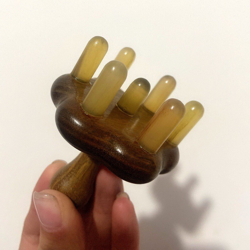 Floral Green Sandalwood Wood & Buffalo Horn Hair Comb Head Scalp Massage Comb