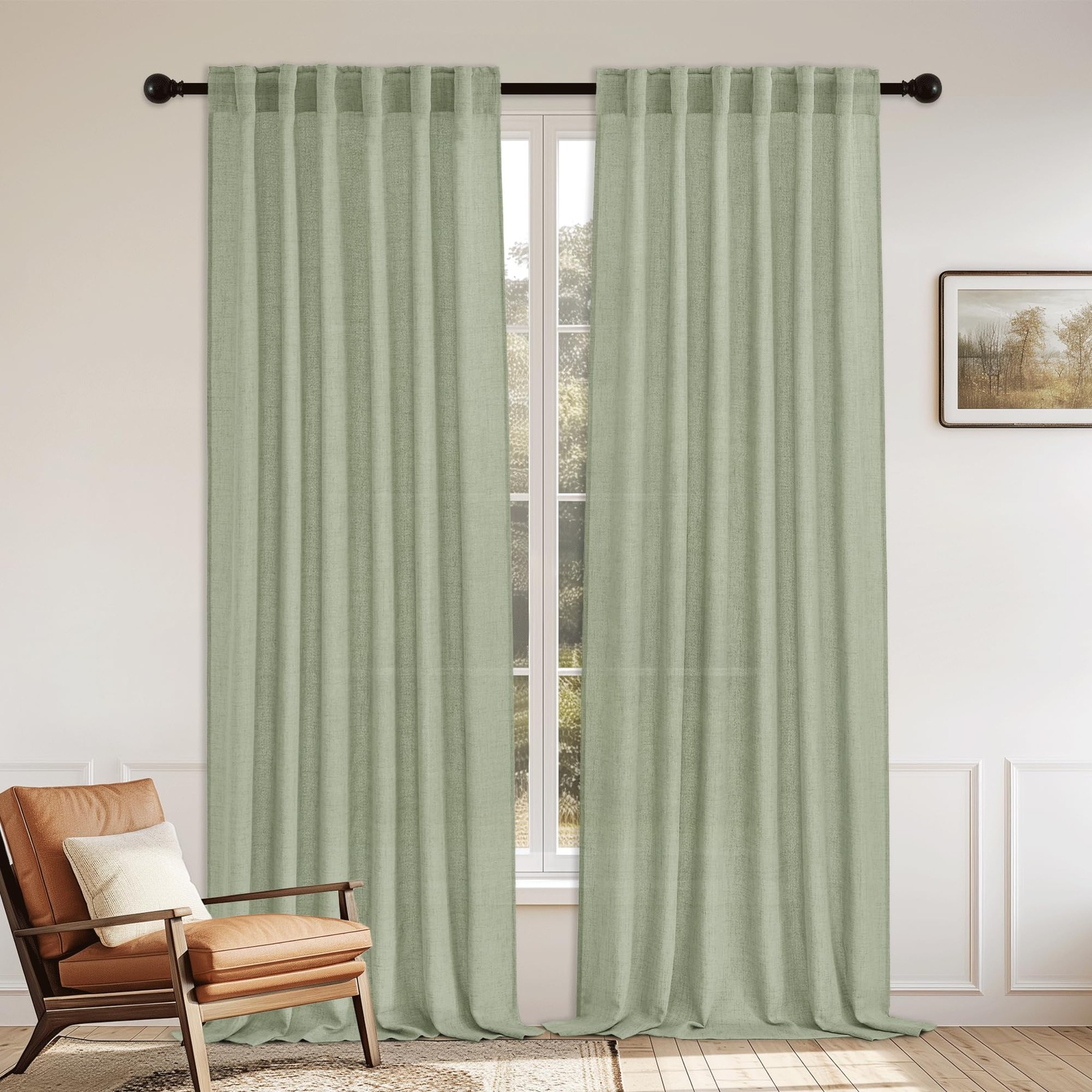 StangH Faux Linen Curtains 84 inch Length Semi Sheer for Living Room, Sage Green