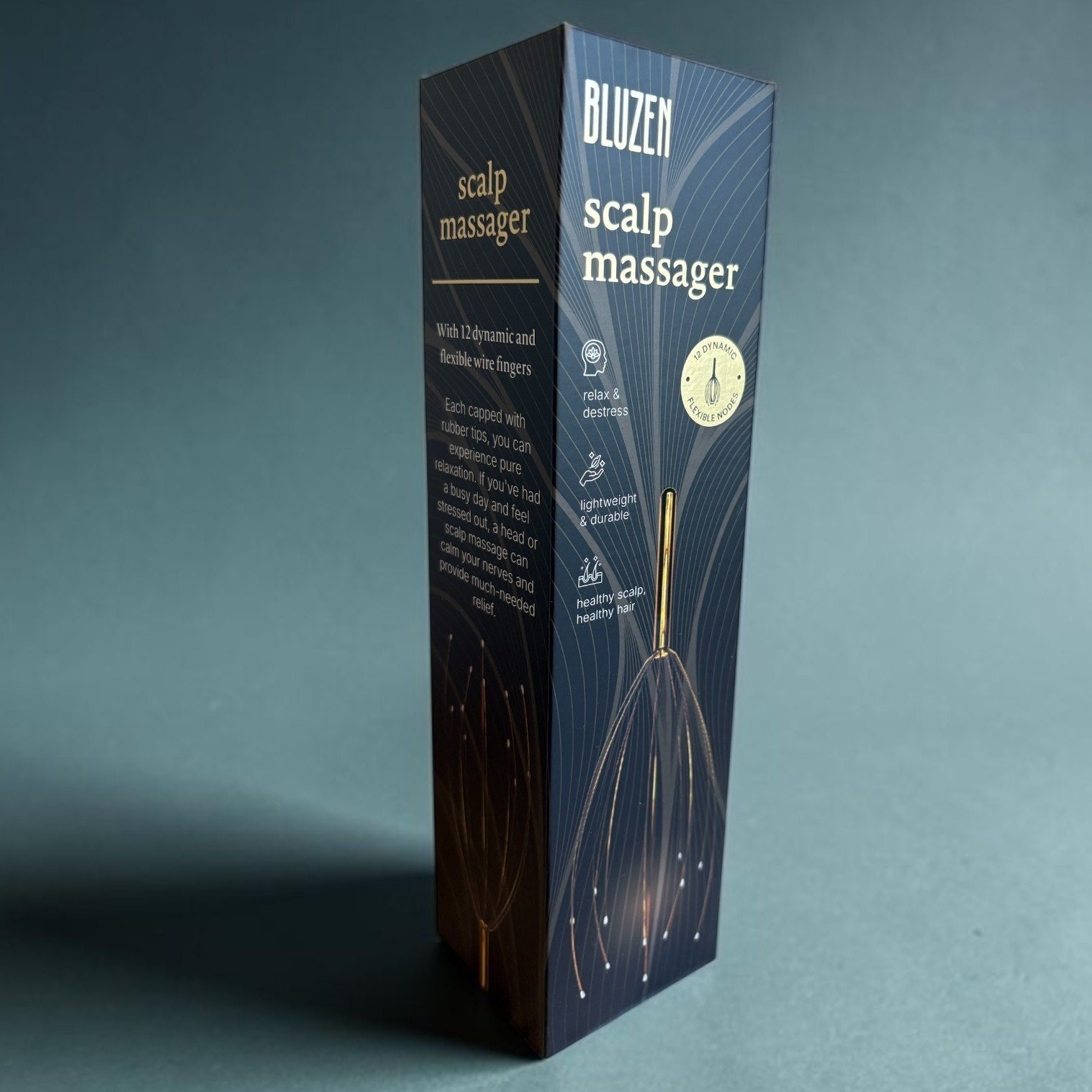 Bluzen Scalp Massager 12 Flexible Wire Fingers Gold Stress Relief New in Box