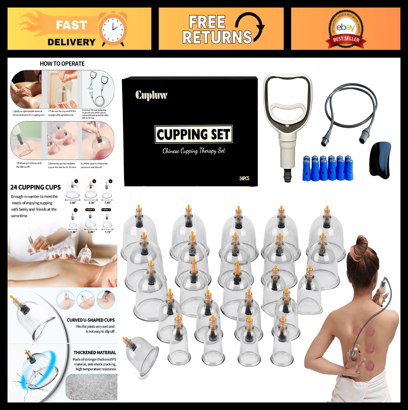 24 Cup Cupping Therapy Set for Massage, Vacuum Suction, Pain Relief & Cellulite