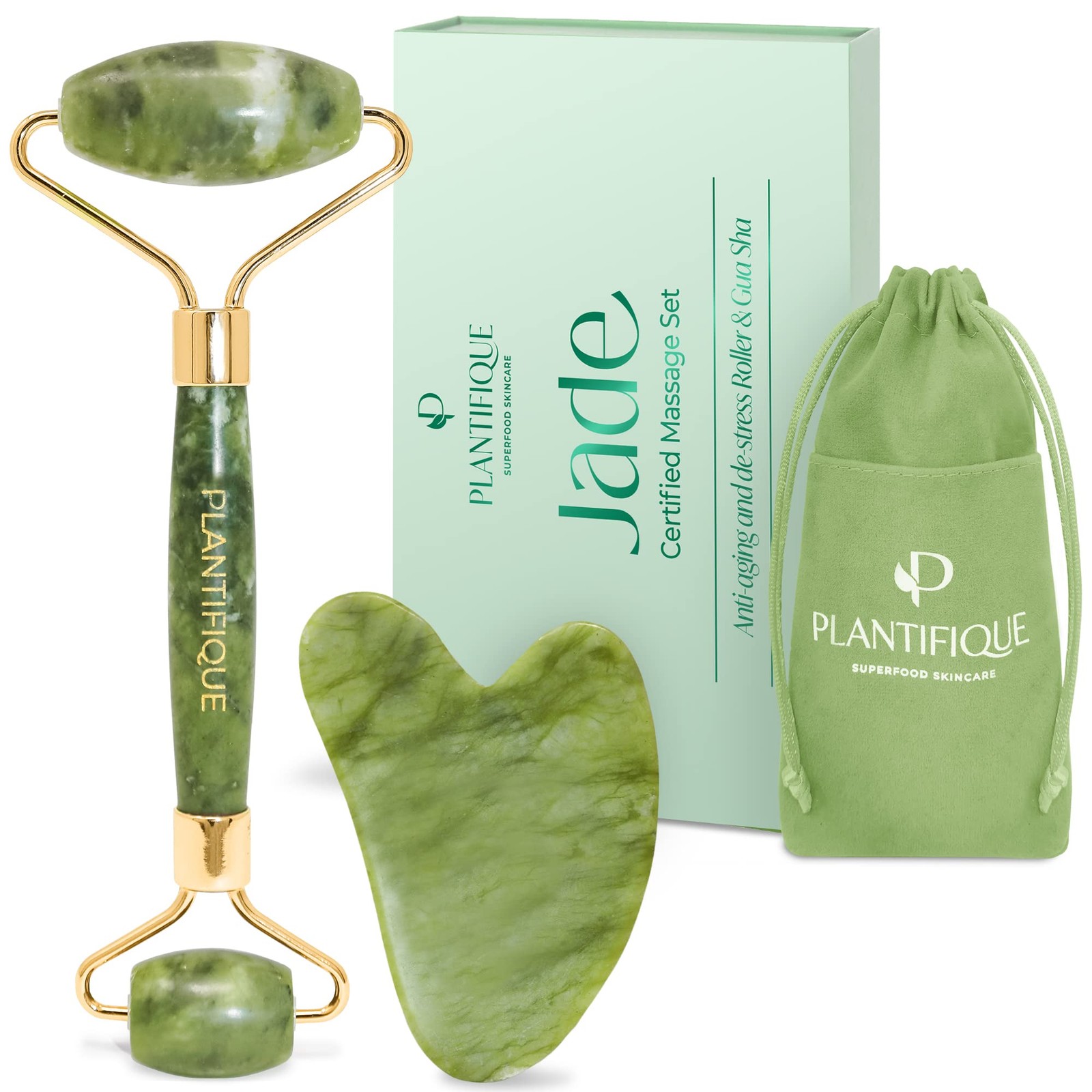 PLANTIFIQUE Jade Roller & Gua Sha Set – Real Facial Tools for Skin Green