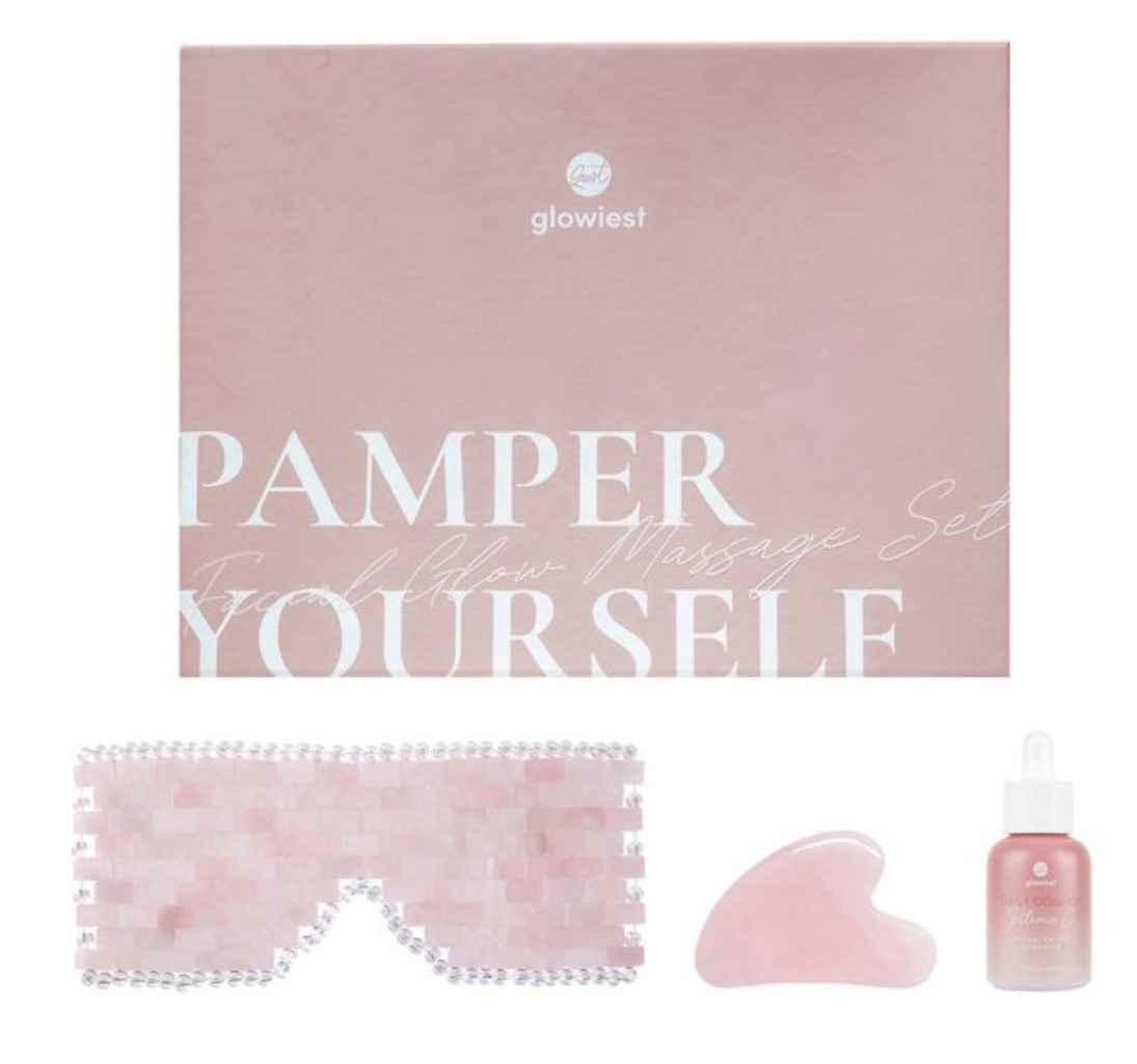 glowiest Facial Massage Set – Natural Rose Quartz Eye Mask / Gua Sha / Serum